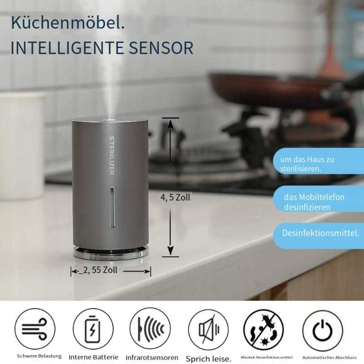 Ein silberner, zylindrischer Sterilisator mit Spender, Text und Symbolen auf einer weißen Arbeitsplatte.