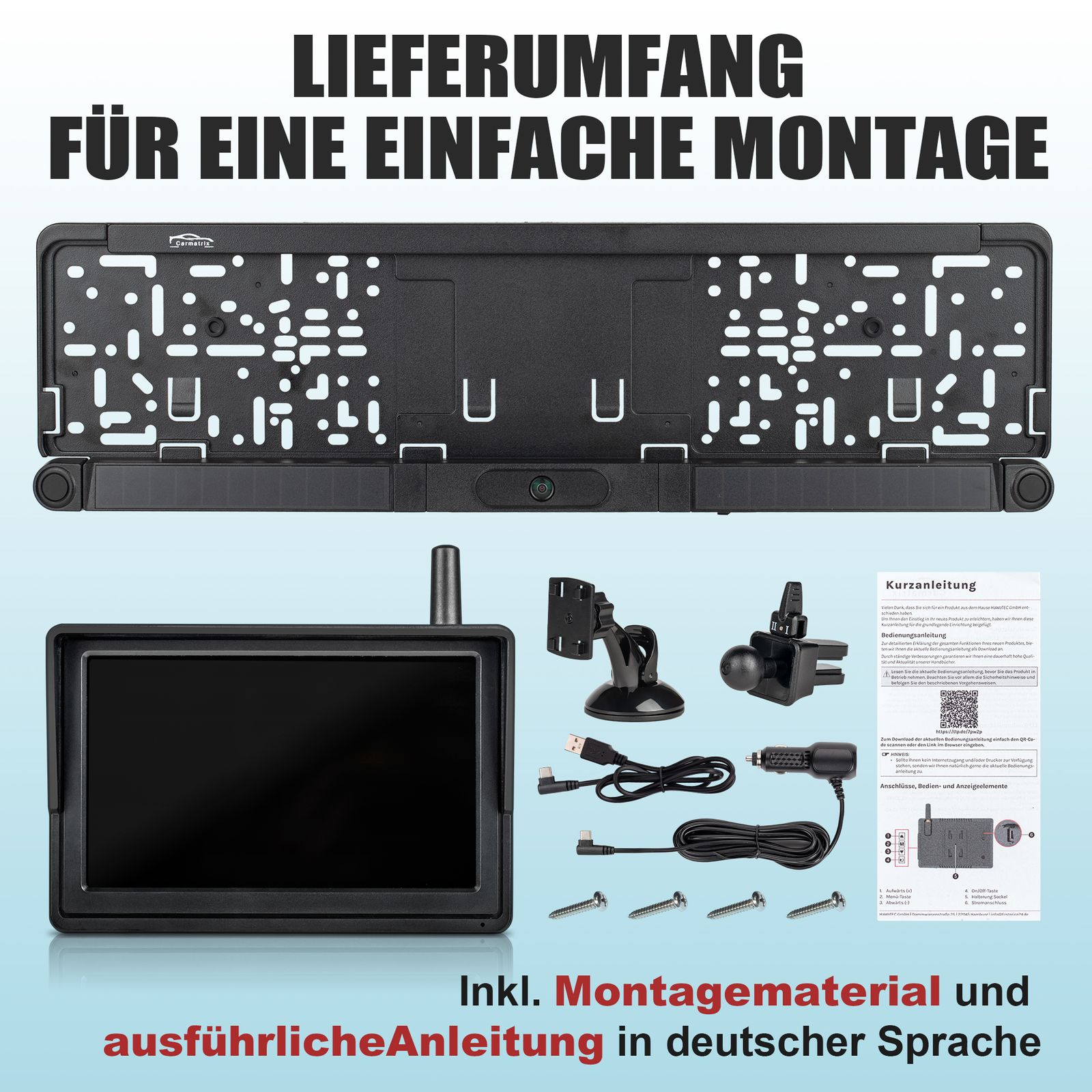 Kennzeichenhalterung mit Monitor und Zubehör. Text auf Deutsch: 'Einfache Montage'.