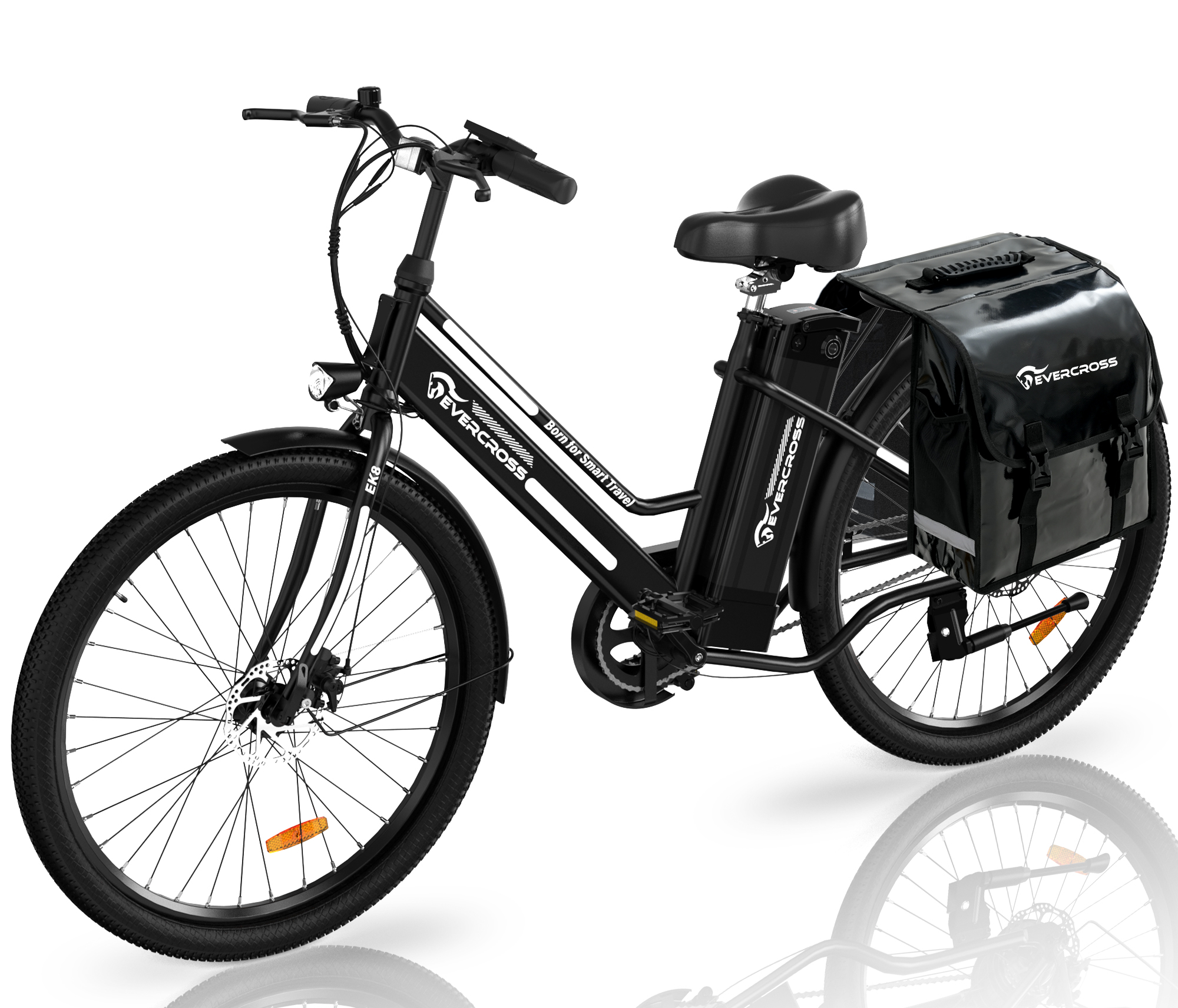 Schwarzes Elektrofahrrad. Schwarzer Rahmen, weiße Streifen, mit Gepäckträgertasche.
