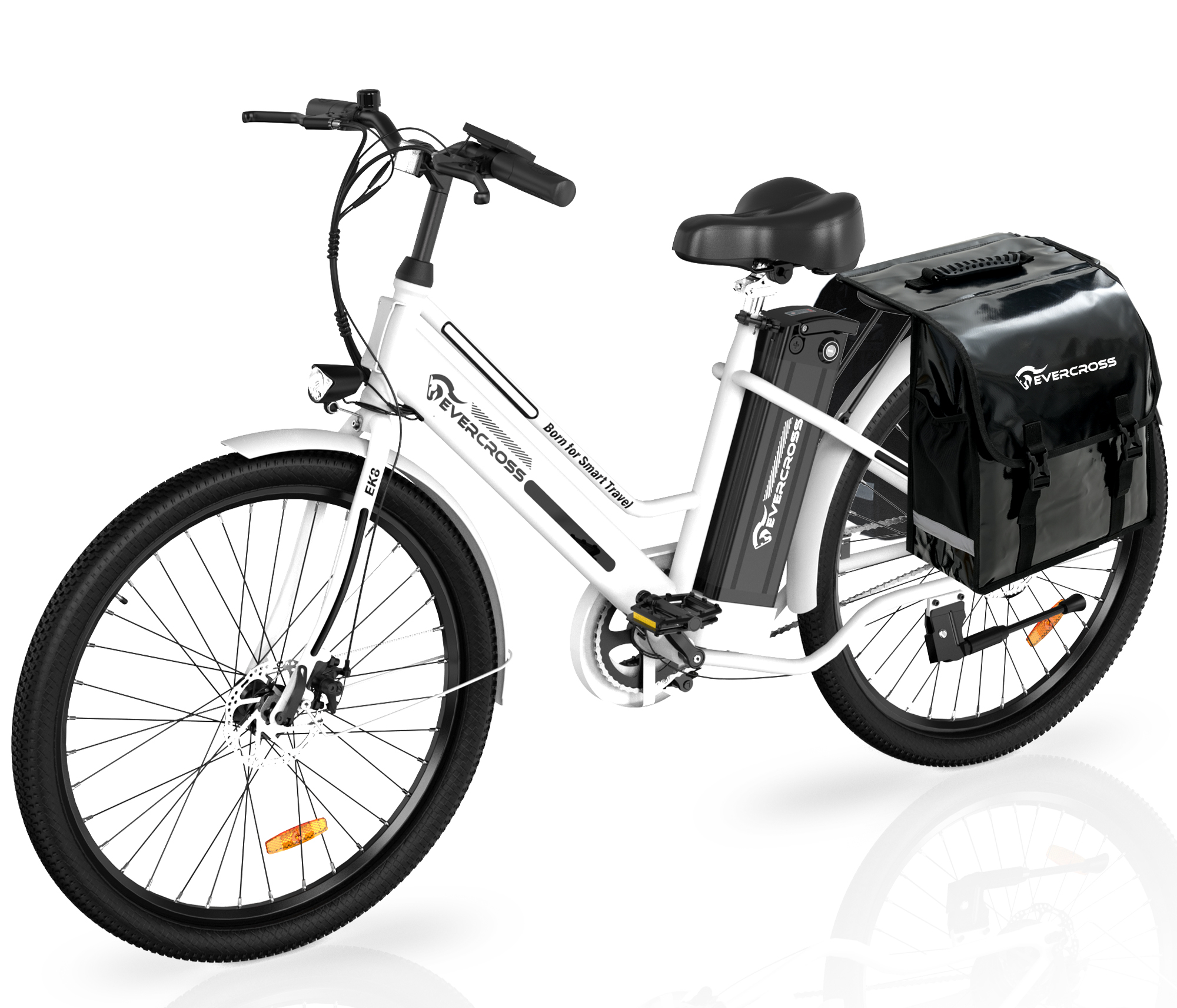 Weißes Elektrofahrrad mit schwarzem Sattel und schwarzer Gepäcktasche hinten.