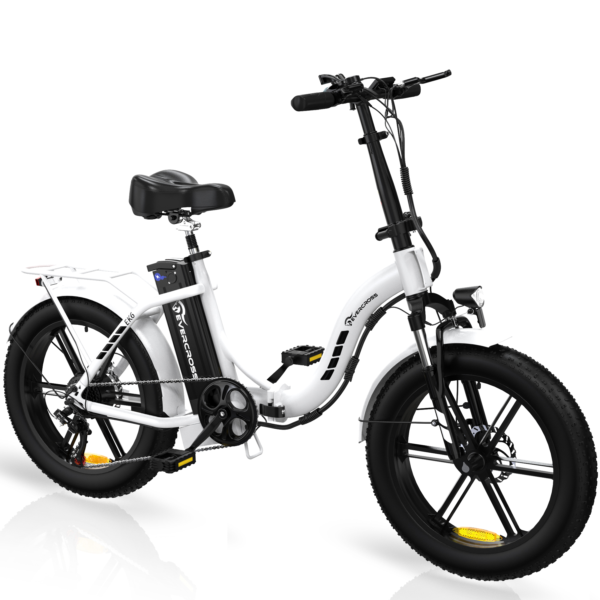 Bicicletta elettrica bianca, pneumatici neri, su sfondo bianco.
