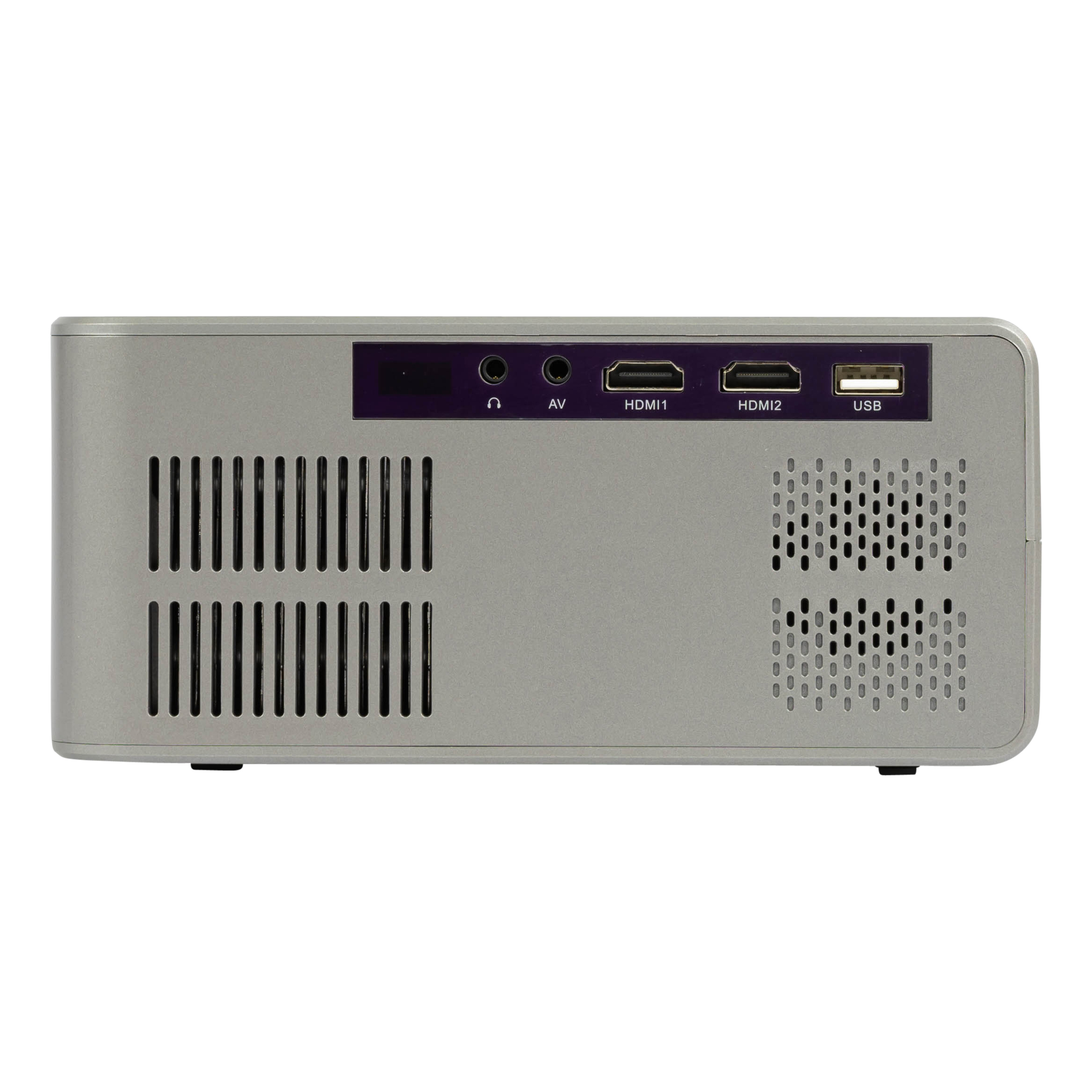 Ein grauer Projektor mit Anschlüssen auf der Rückseite, darunter HDMI, USB und AV, isoliert.