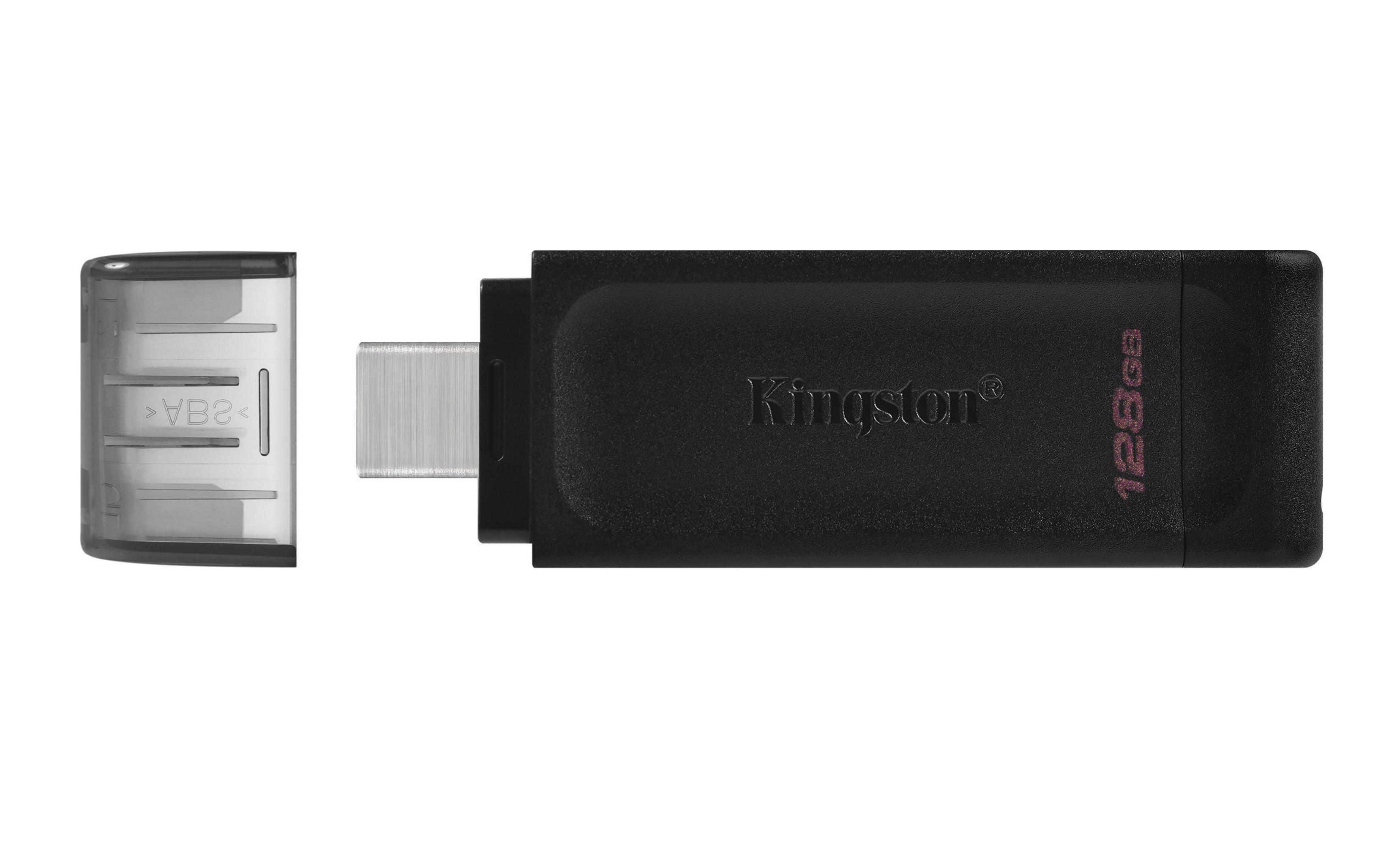 Czarny pendrive Kingston z nasadką. Tekst '128GB' na czerwono.