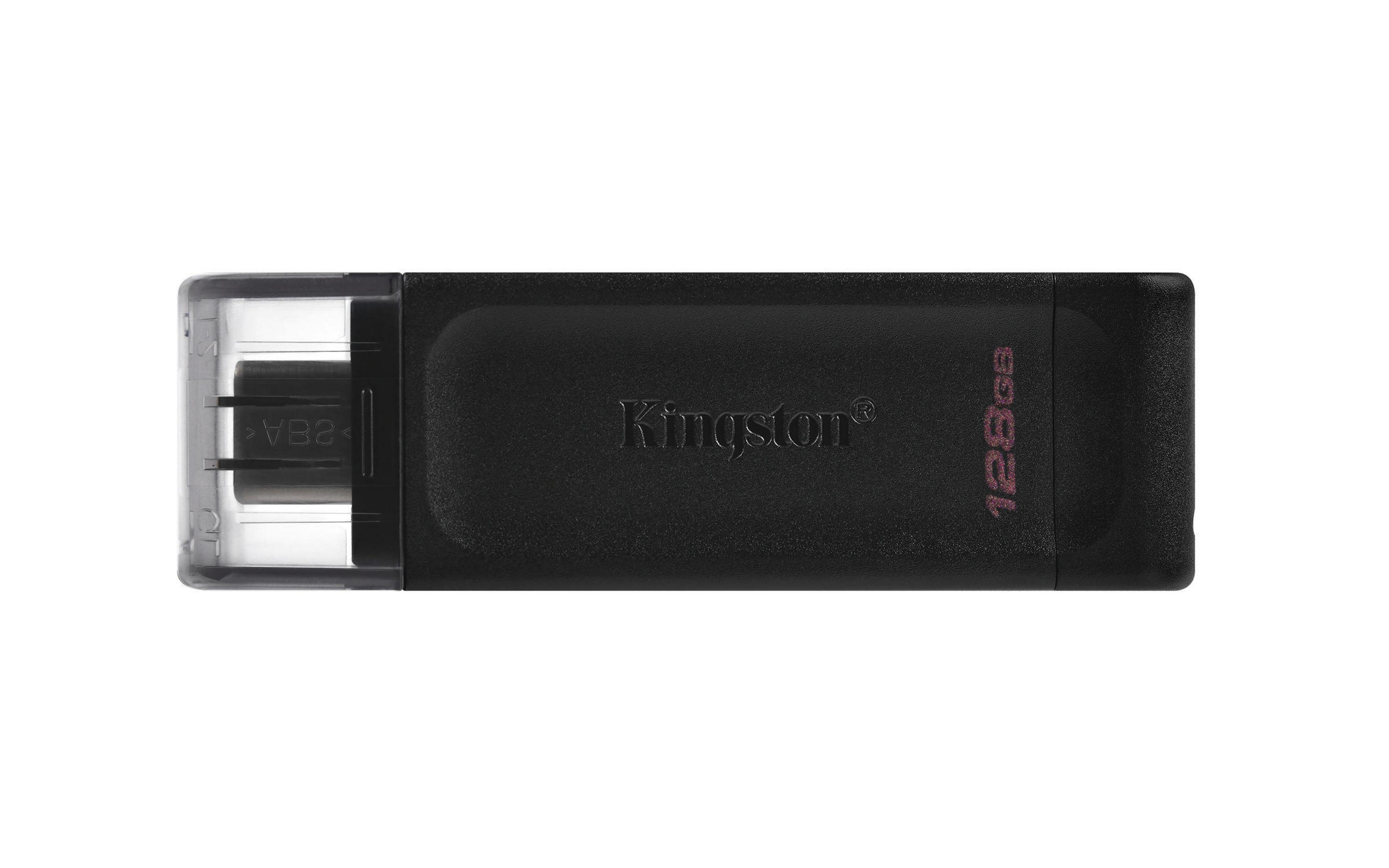 Czarny pendrive Kingston z napisem 128GB. Przezroczysta plastikowa osłona.