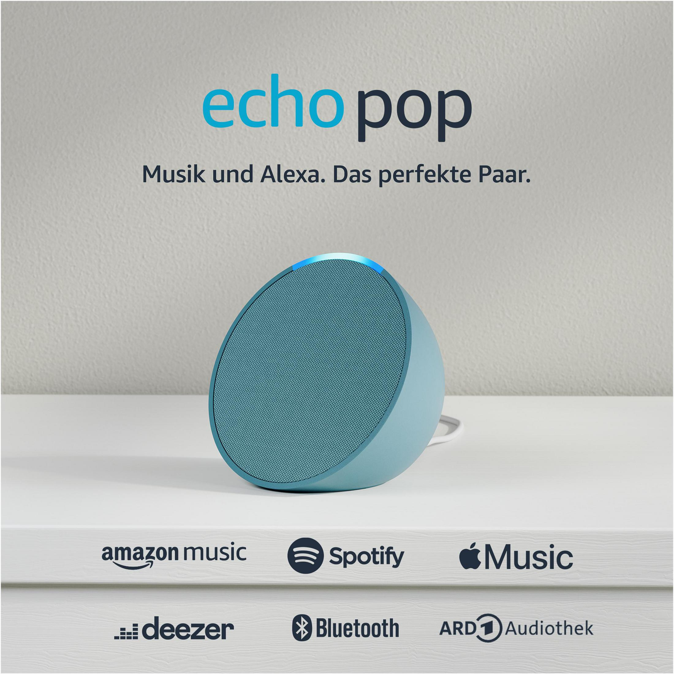 Niebieski głośnik Echo Pop z napisem 'echo pop' powyżej. Białe tło.