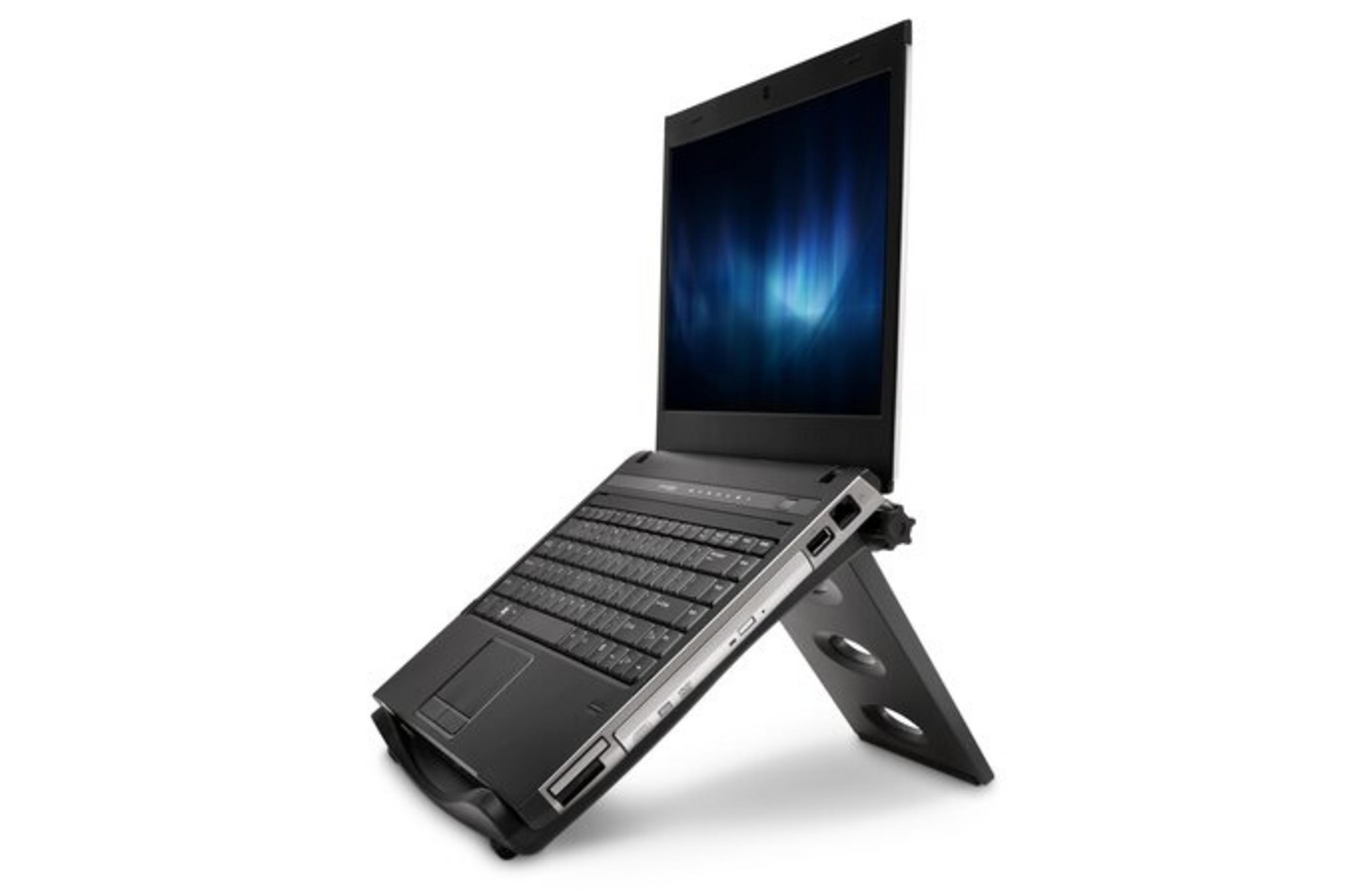 Schwarzer Laptop auf einem Ständer. Bildschirm zeigt blaues und weißes abstraktes Bild.