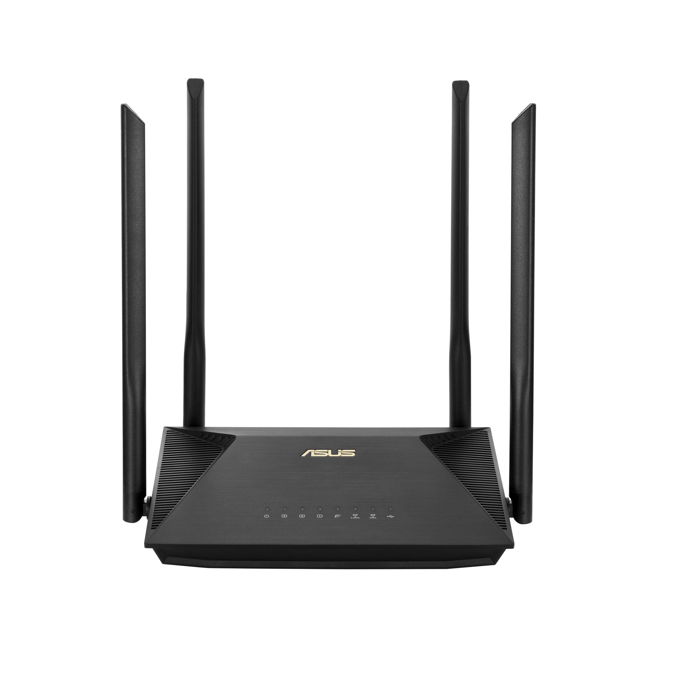 Czarny router ASUS z czterema antenami na białym tle. Widok z przodu i góry.