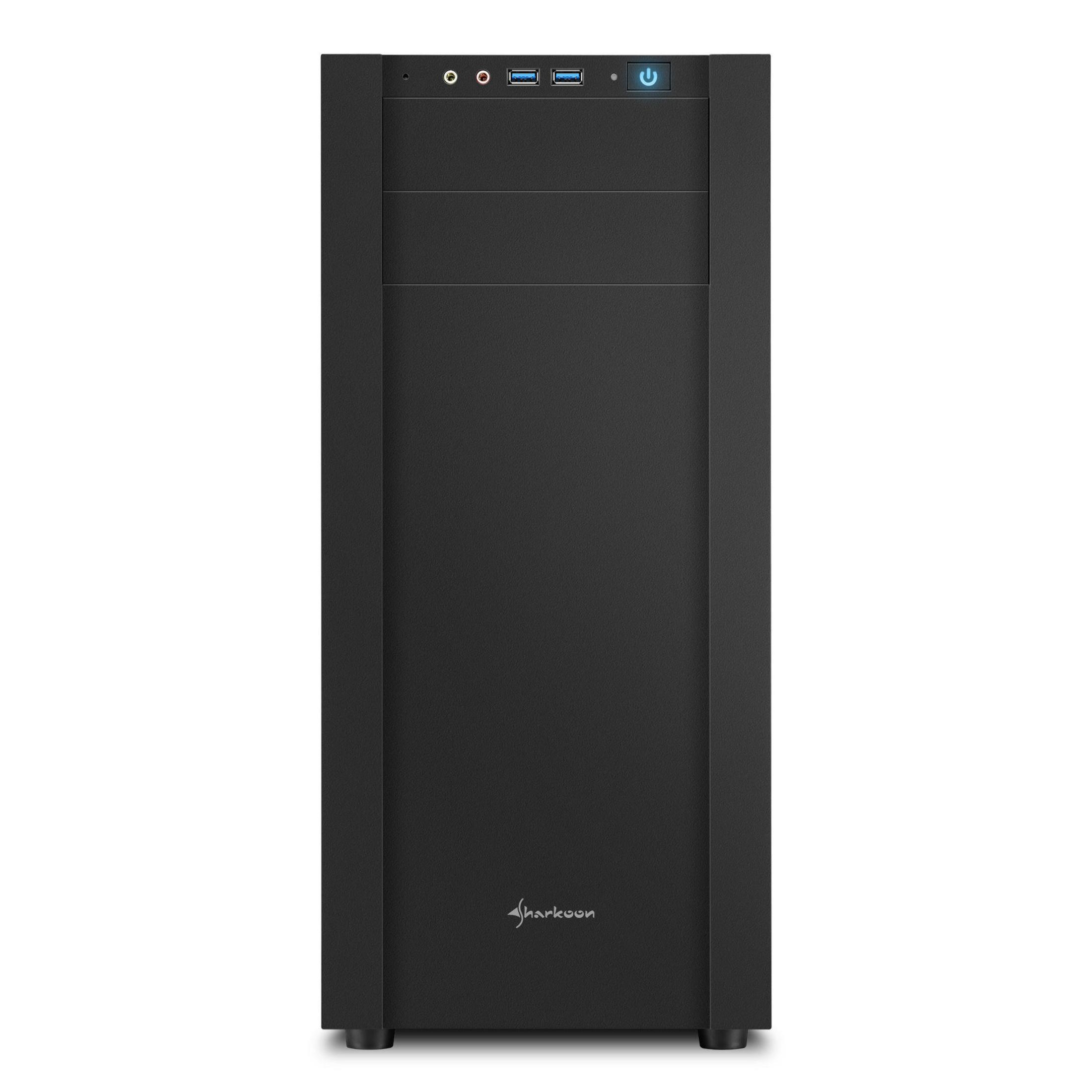 Black computer case with power button, and ports. Sharkoon logo at the bottom.