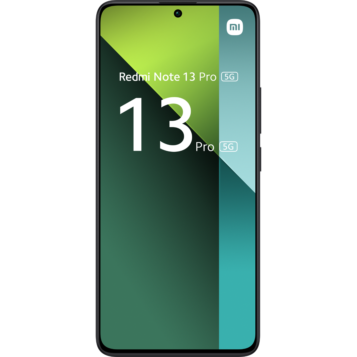 Smartfon z zielono-czarnym designem, tekstem "Redmi Note 13 Pro 5G". Czarne tło.