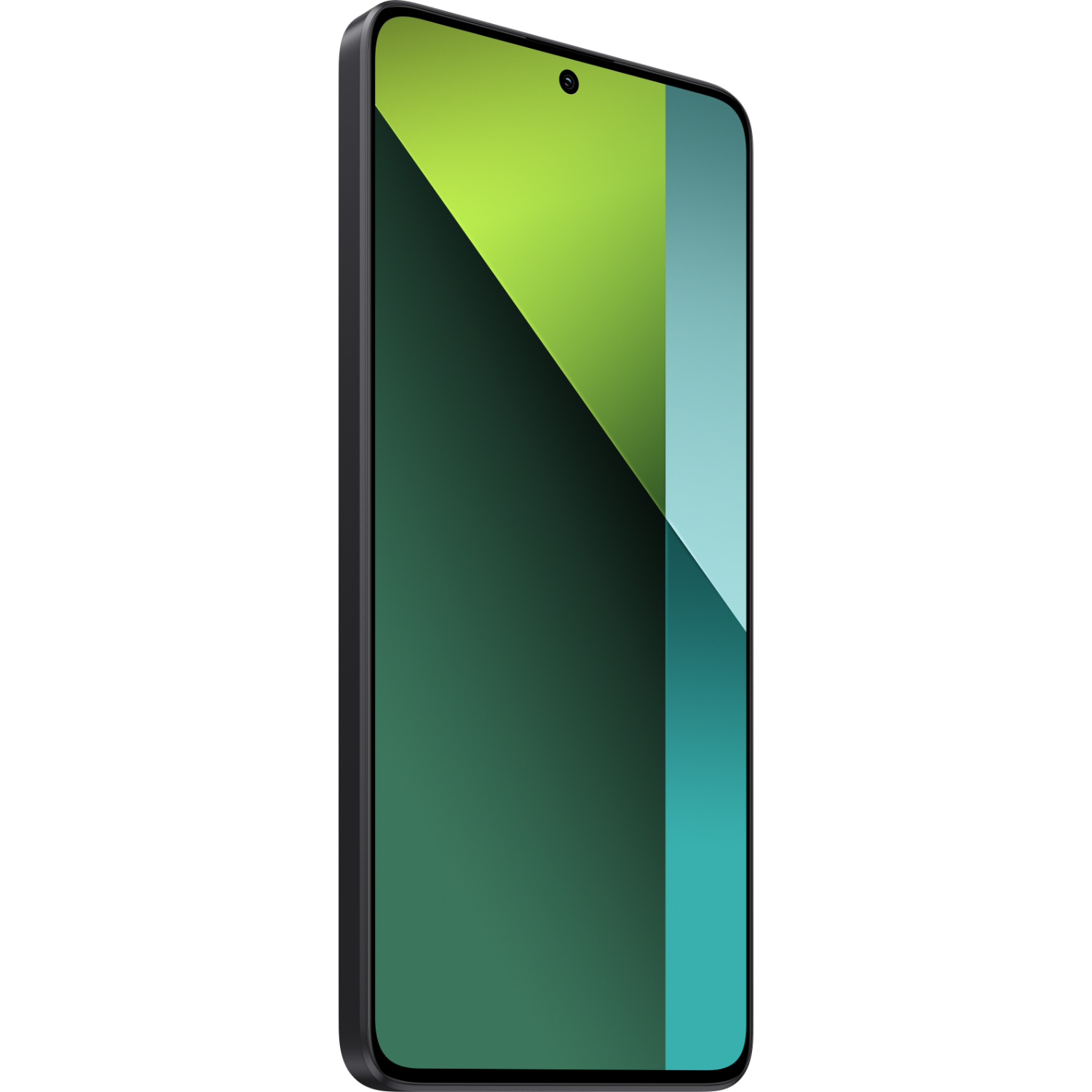 Czarny smartfon pod kątem, wyświetlający gradientowy zielony i turkusowy ekran na czarnym tle.