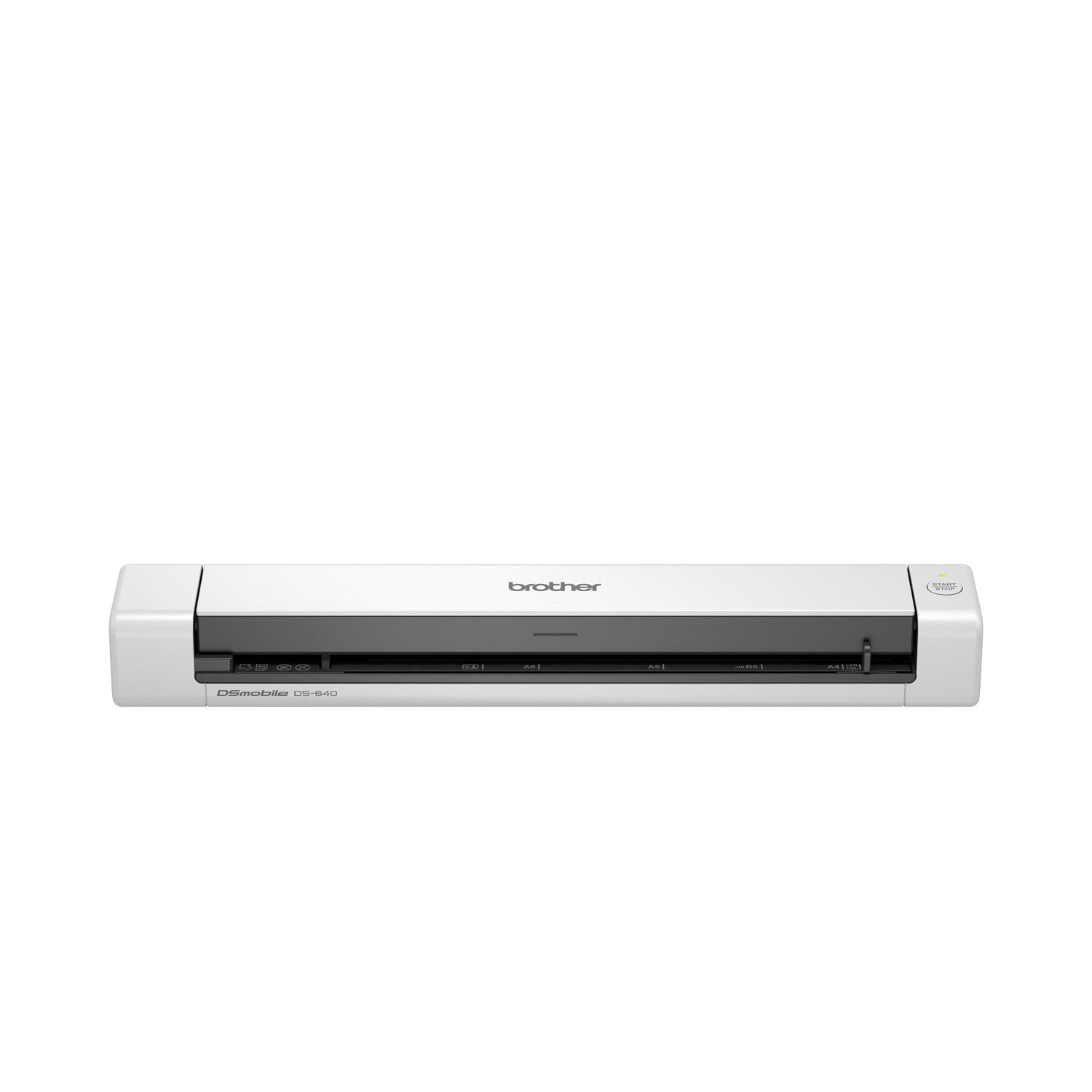A white Brother DS-640 scanner is set against a black background. It is a long, thin device.