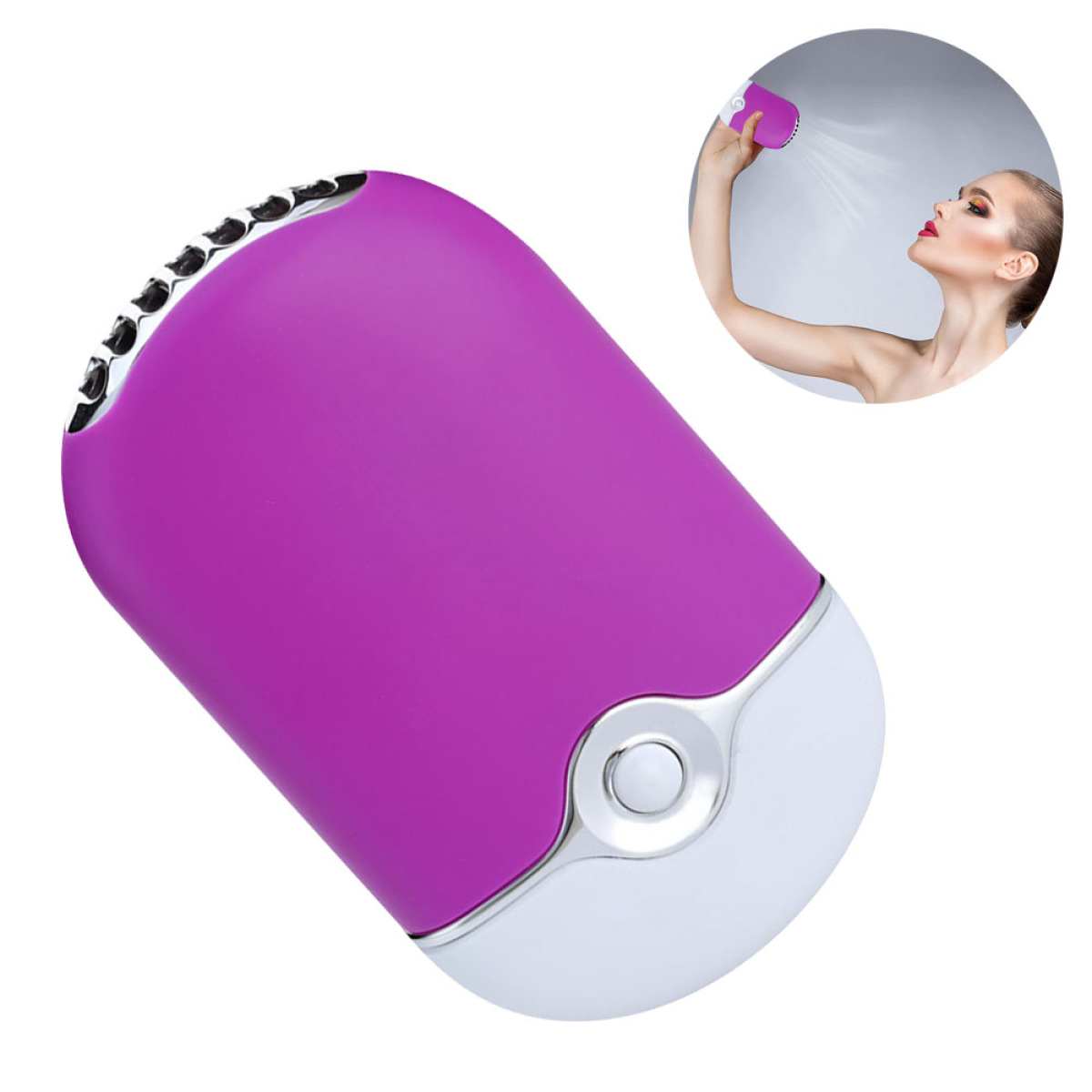 Ein lila-weißer persönlicher Ventilator, der von einer Frau benutzt wird. Er sprüht Nebel.