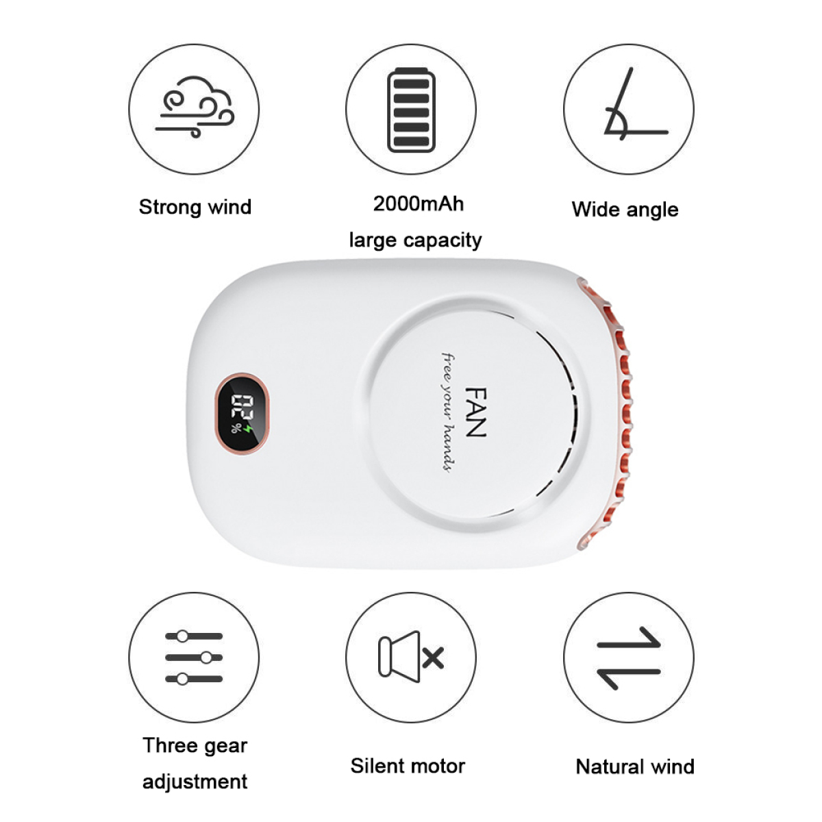 Ein weißer Handventilator mit mehreren Symbolen, die Wind, Akku und Einstellungen zeigen.