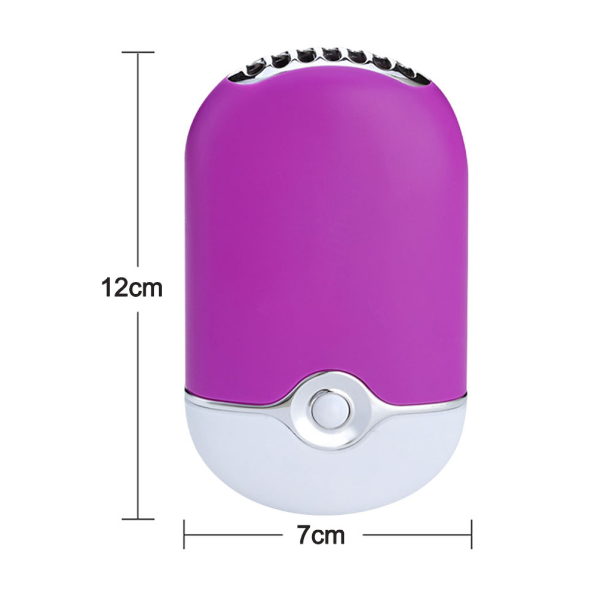 Lila-weißer Mini-Ventilator, Abmessungen angegeben. Er ist 12 cm hoch und 7 cm breit.