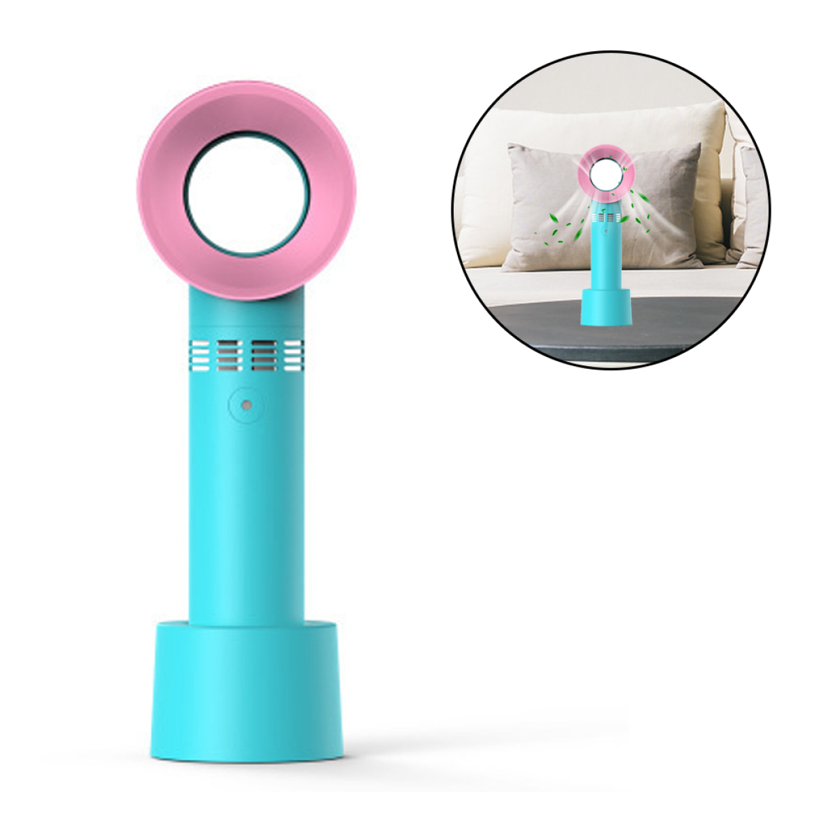Ein türkis-rosa lüfterloser Ventilator mit einem kreisförmigen rosa Ring und einem türkisfarbenen Sockel. Ein Einsatz zeigt den Ventilator in Betrieb.