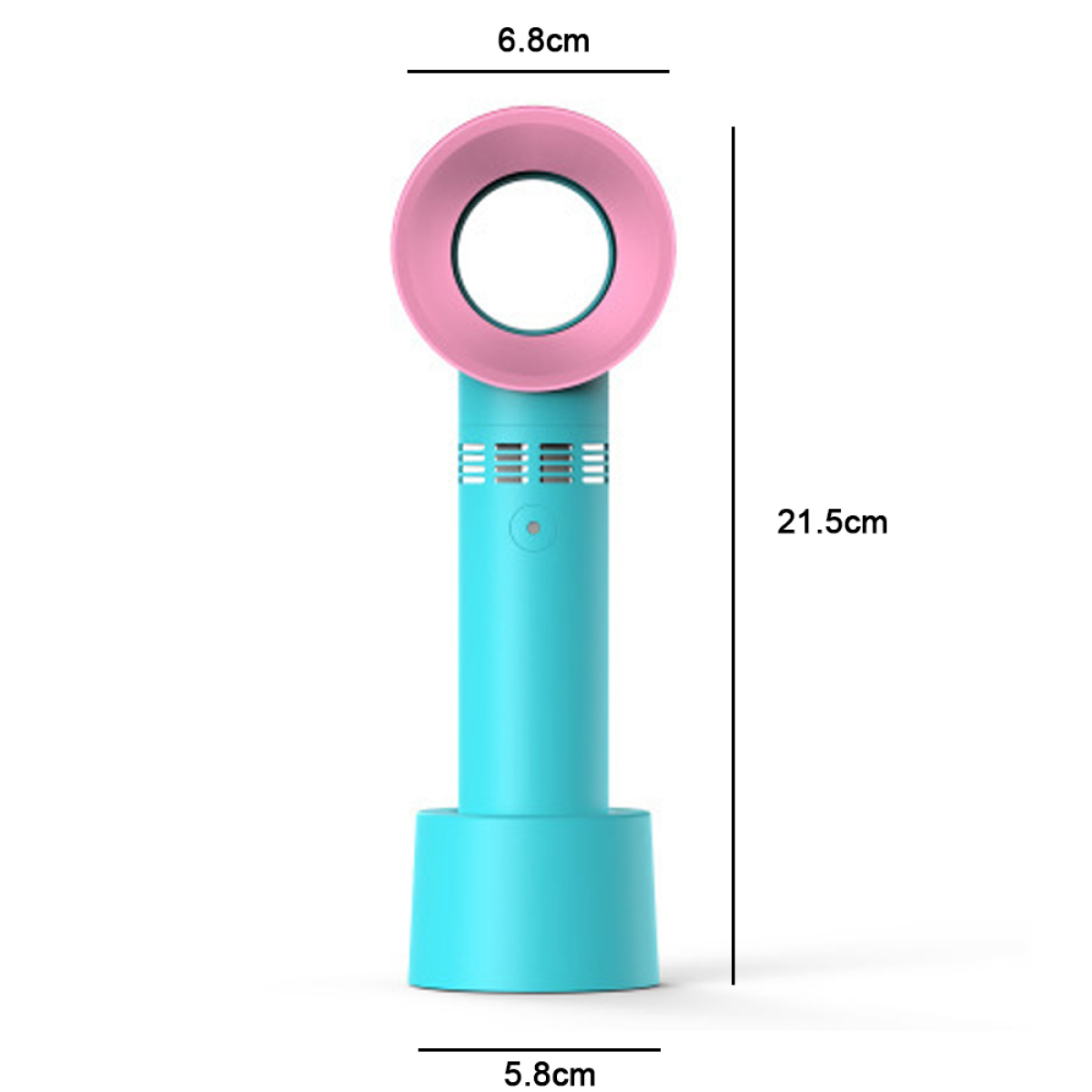 Ein türkisfarbener, blattloser Ventilator mit rosa Ring, mit Abmessungen von 21,5 cm Höhe und 6,8 cm Durchmesser.