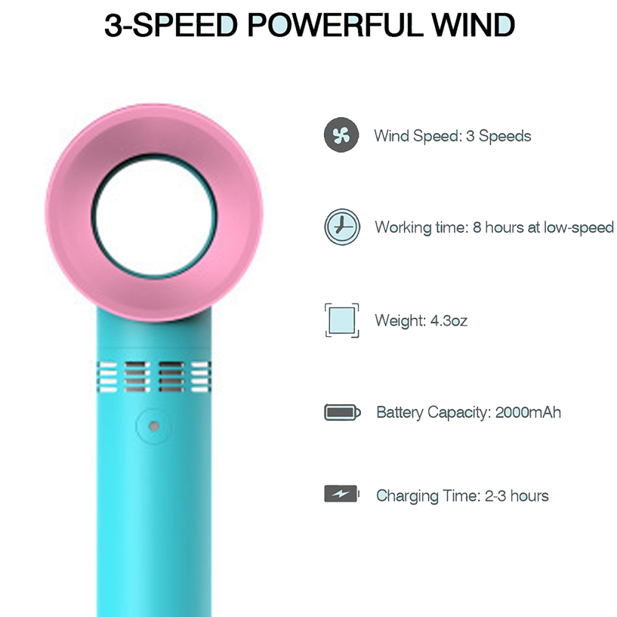 Ein türkis- und pinkfarbener tragbarer Ventilator mit Text, der 3-Geschwindigkeit starken Wind sagt.