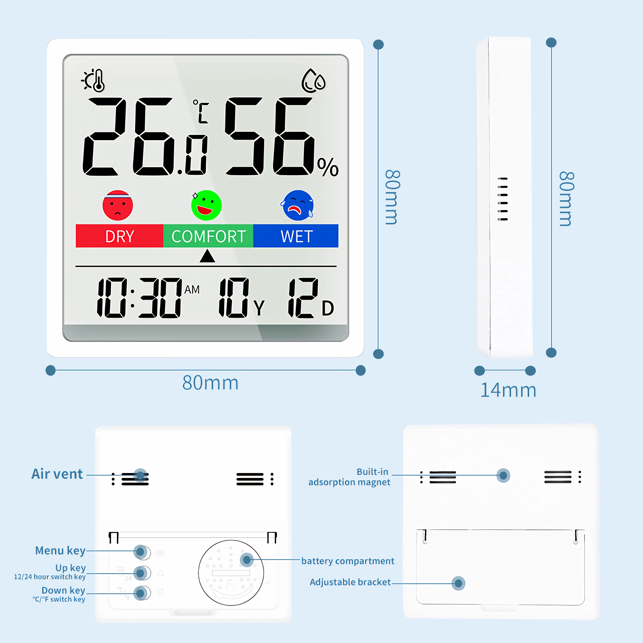 Weißes digitales Thermometer zeigt Temperatur, Luftfeuchtigkeit und Uhrzeit. Es hat Knöpfe und eine Trocken-, Komfort-, Nassanzeige.