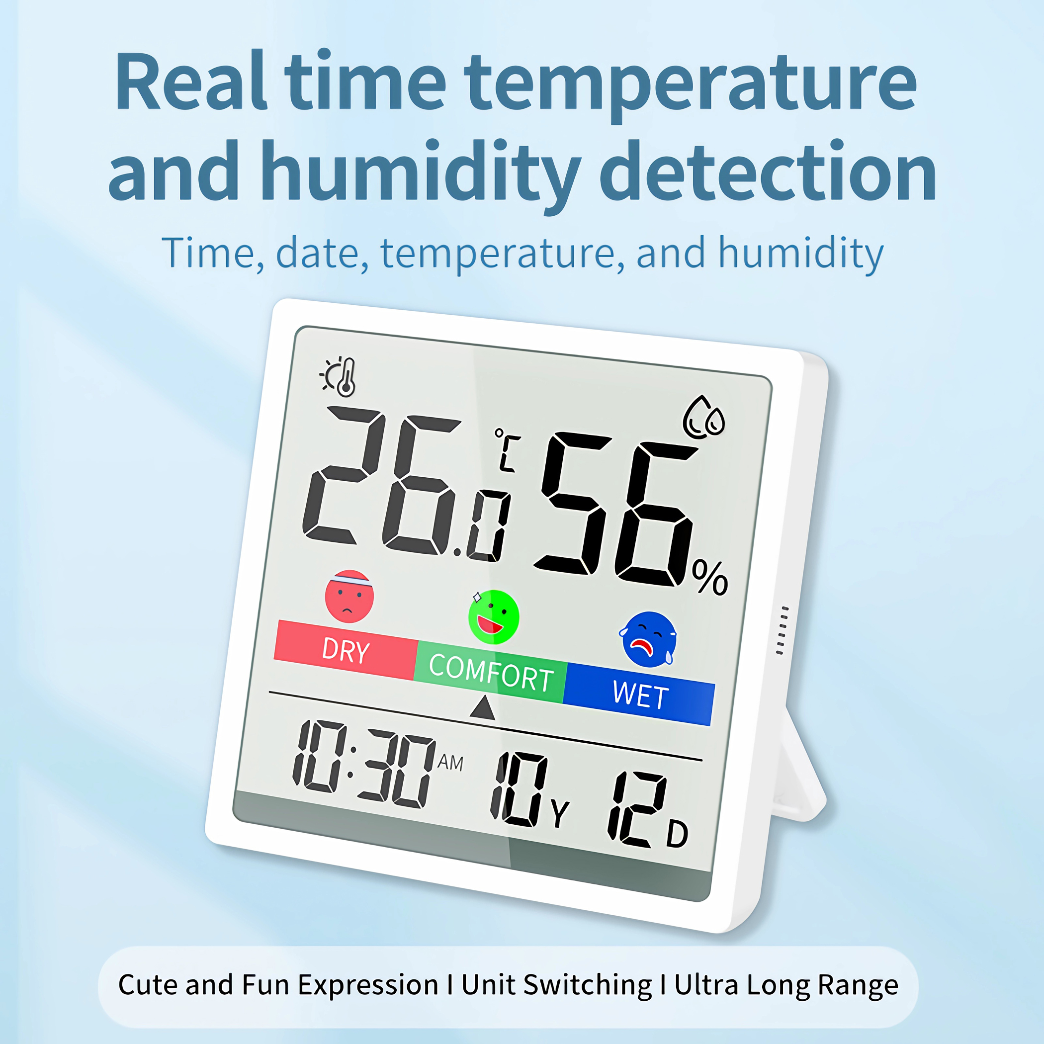 Digitales Thermometer mit Temperatur- und Feuchtigkeitsanzeige und niedlichen Gesichts-Icons.