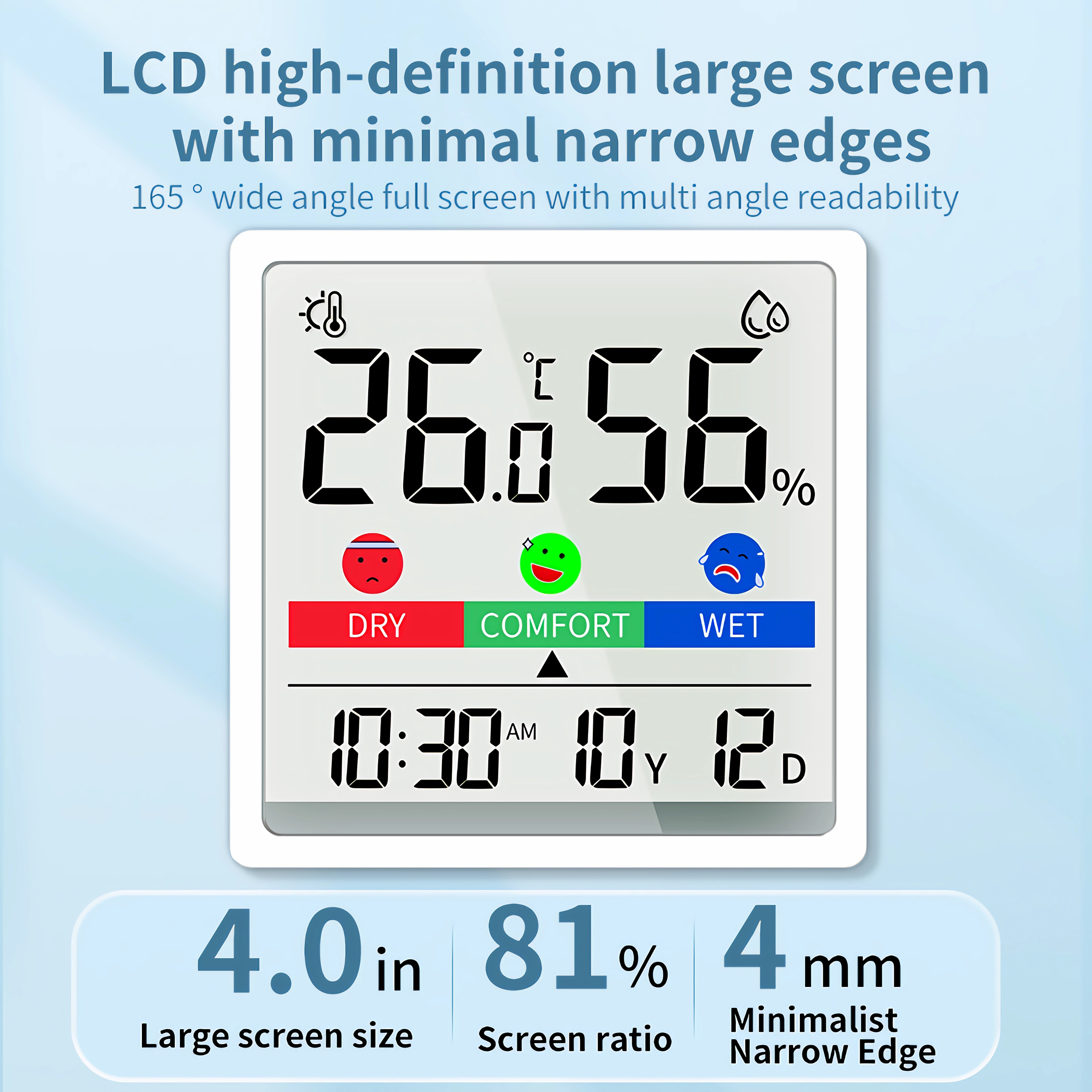 Digitales Thermometer, das Temperatur, Luftfeuchtigkeit und Komfortanzeigen anzeigt.