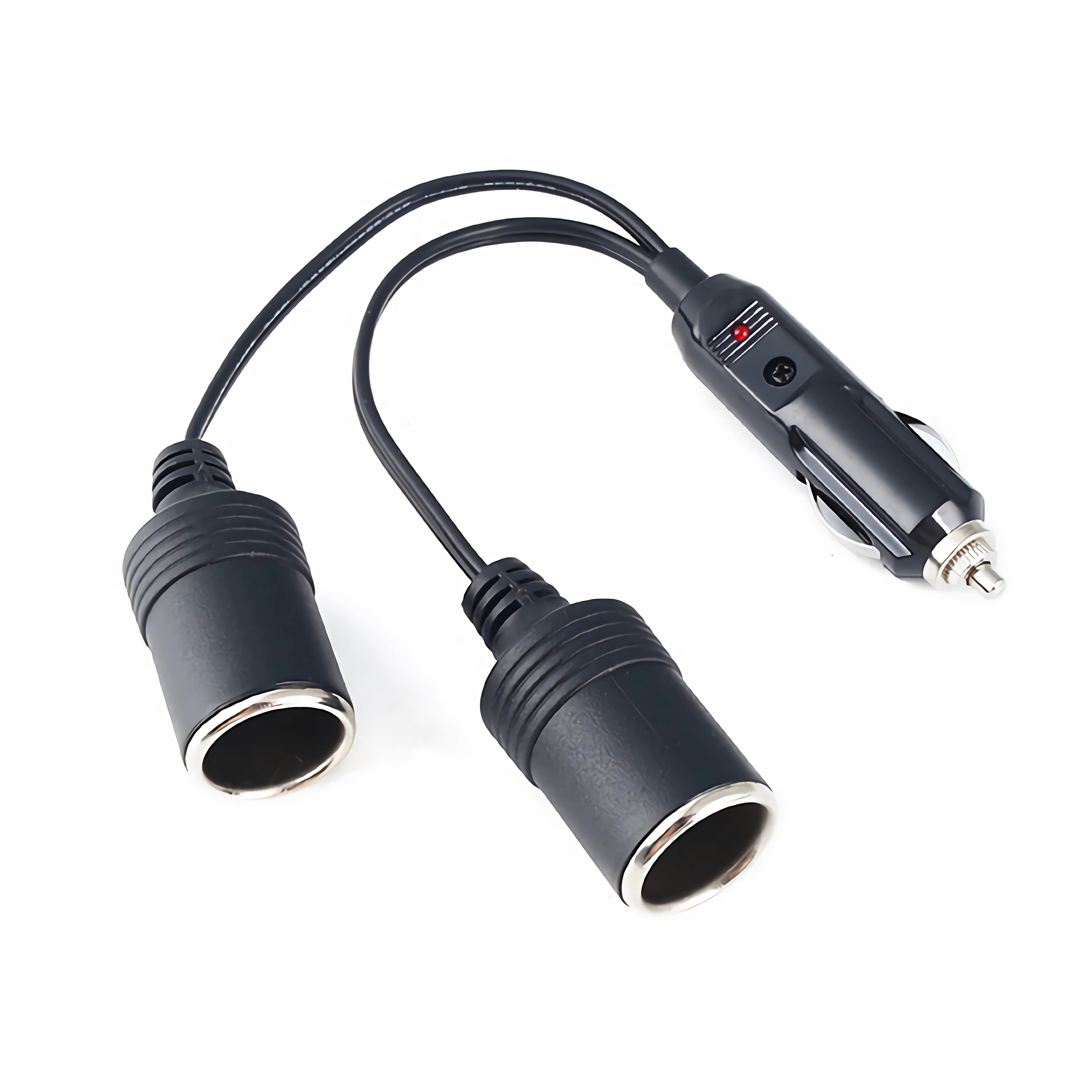 Schwarzer Doppel-Zigarettenanzünder-Adapter mit zwei Ausgängen und einer Betriebsanzeige.