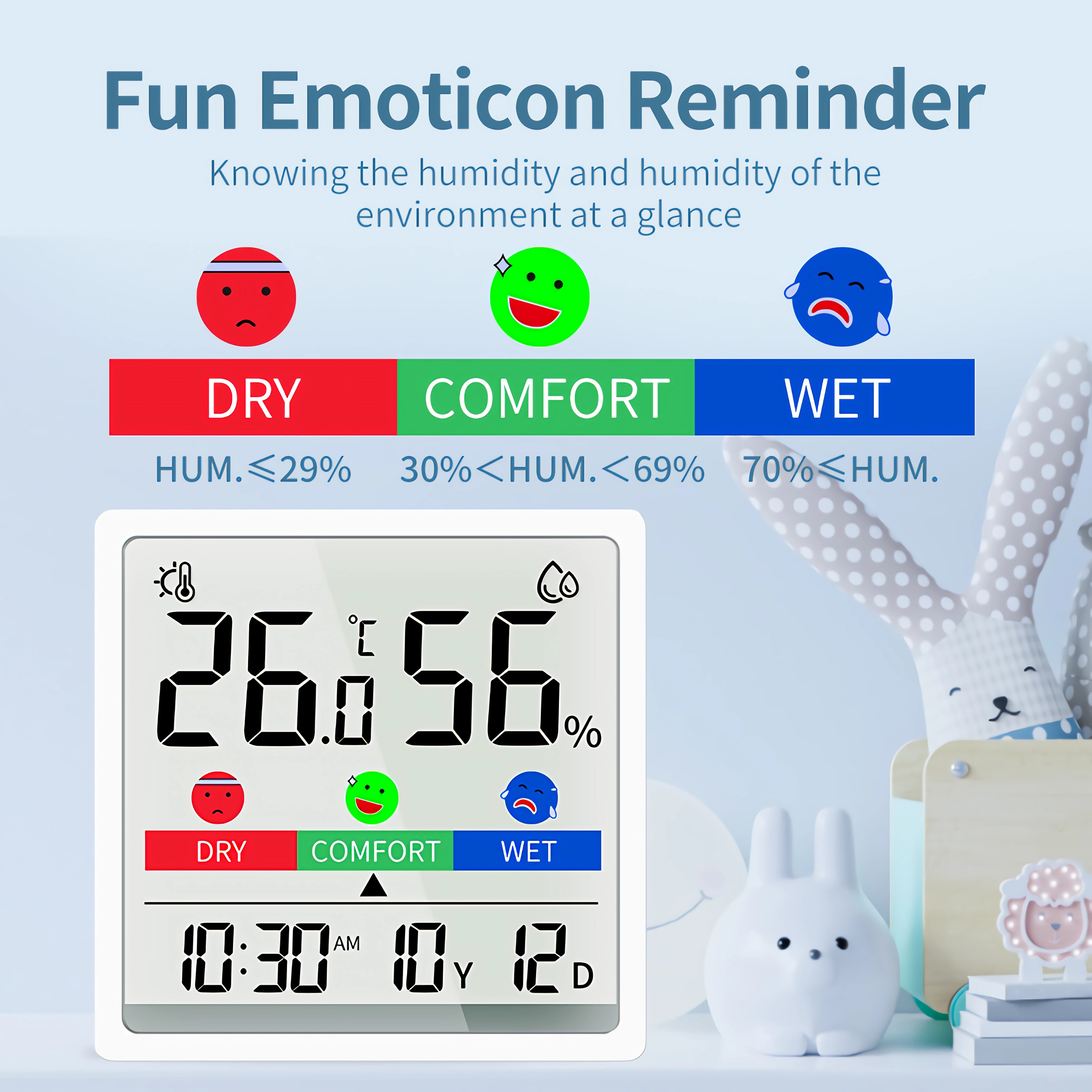 Ein digitales Thermometer, das 26,5 Grad Celsius und 56 % Luftfeuchtigkeit anzeigt, mit Emoticons, die den Komfort angeben.