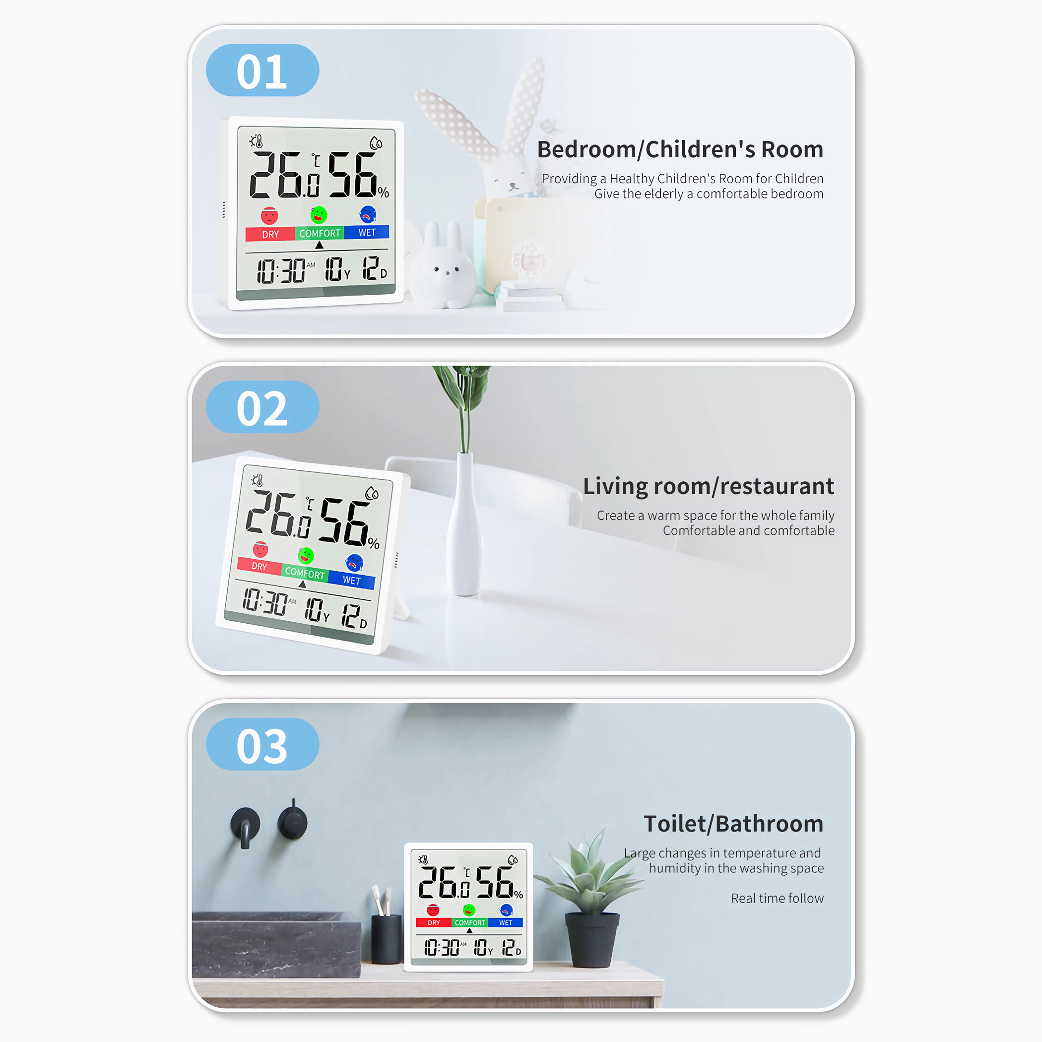 Drei digitale Thermometer in verschiedenen Umgebungen. Sie zeigen Temperatur und Luftfeuchtigkeit.