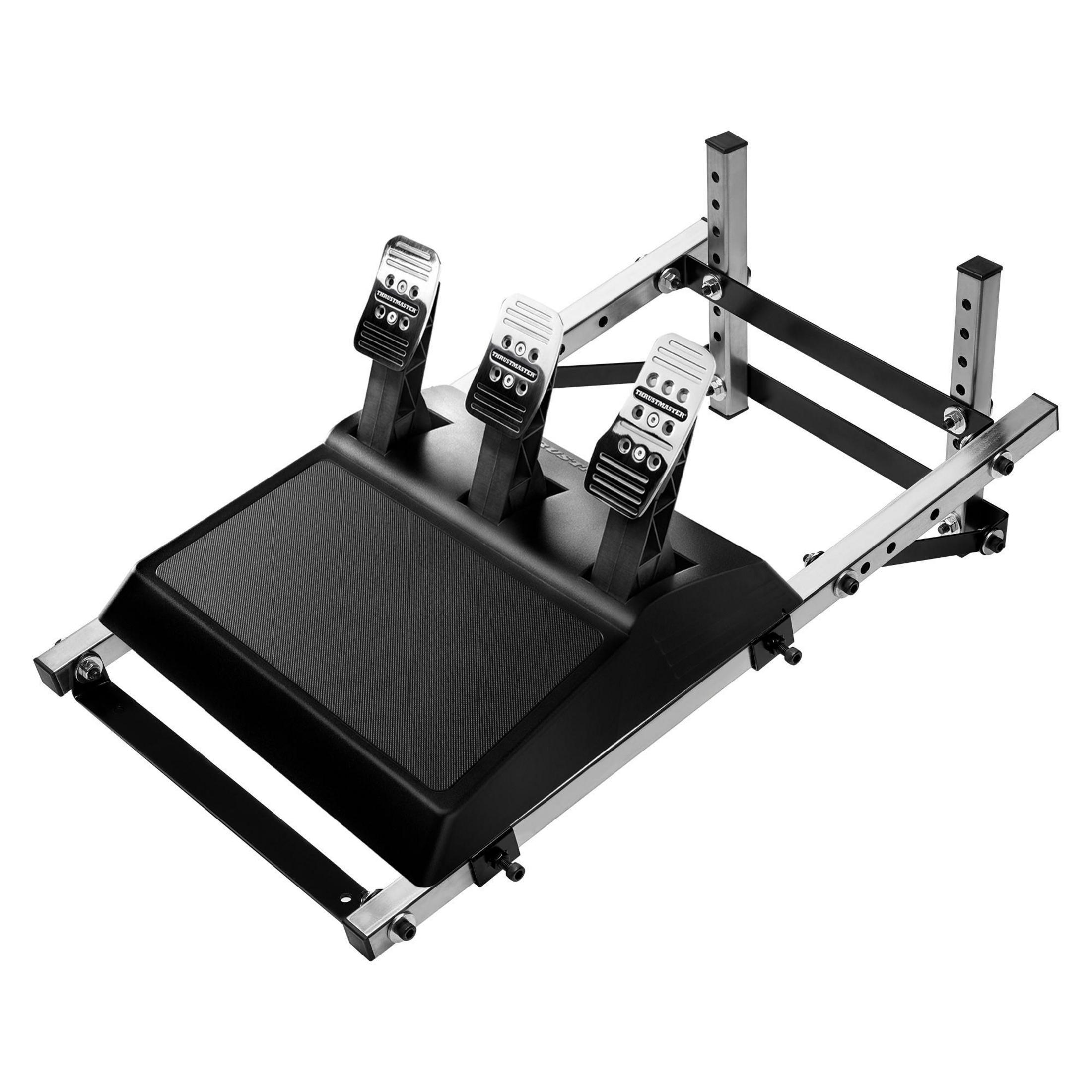 Een pedaalset voor racesimulator op een metalen frame, zwarte basis, drie pedalen.