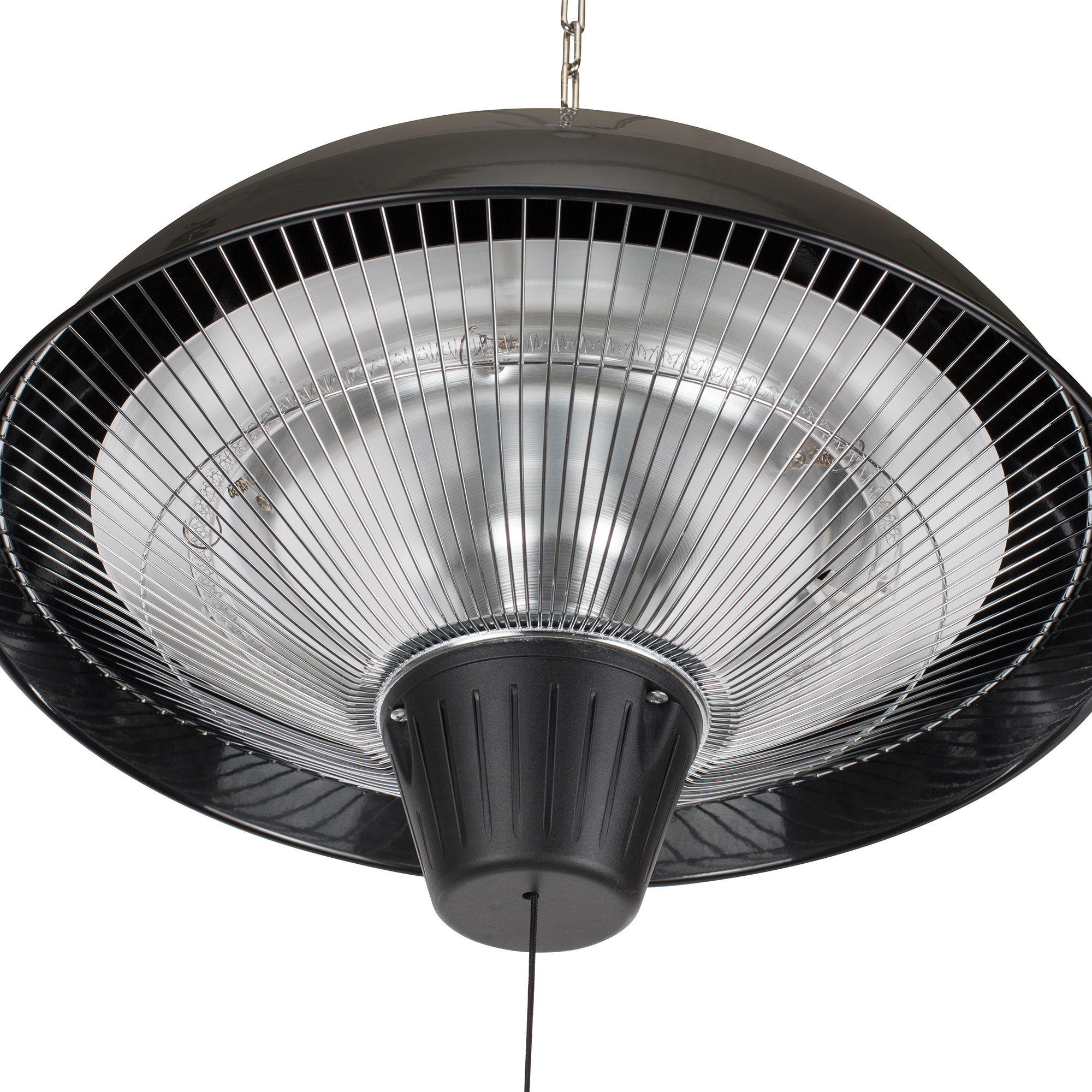 Schwarz am Dach montierter Heizkörper. Er hat ein Drahtgitter und silbernes Innere mit einer zentralen Lampe.