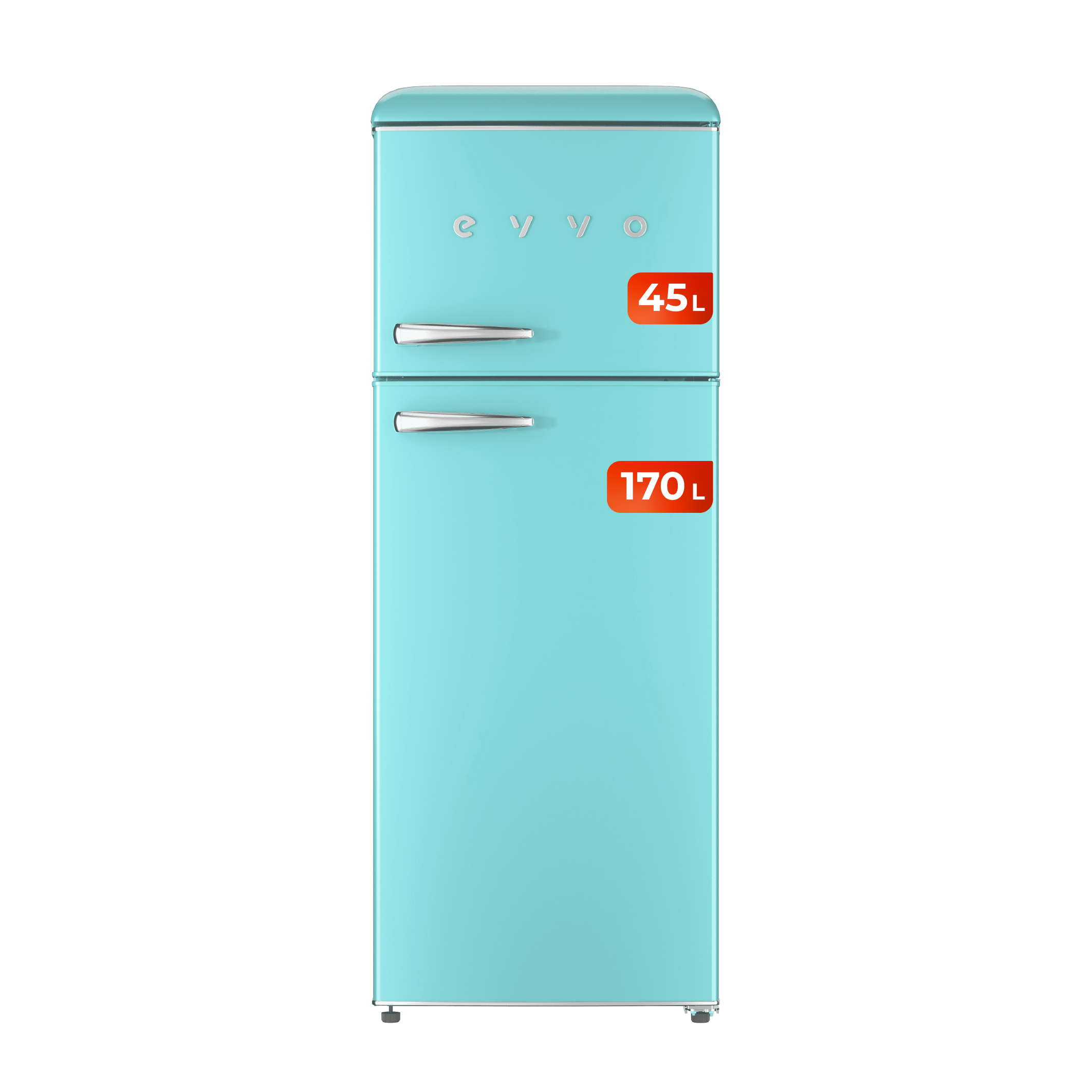 Frigorifero vintage azzurro con maniglie argentate. Ha 45L sopra e 170L sotto.