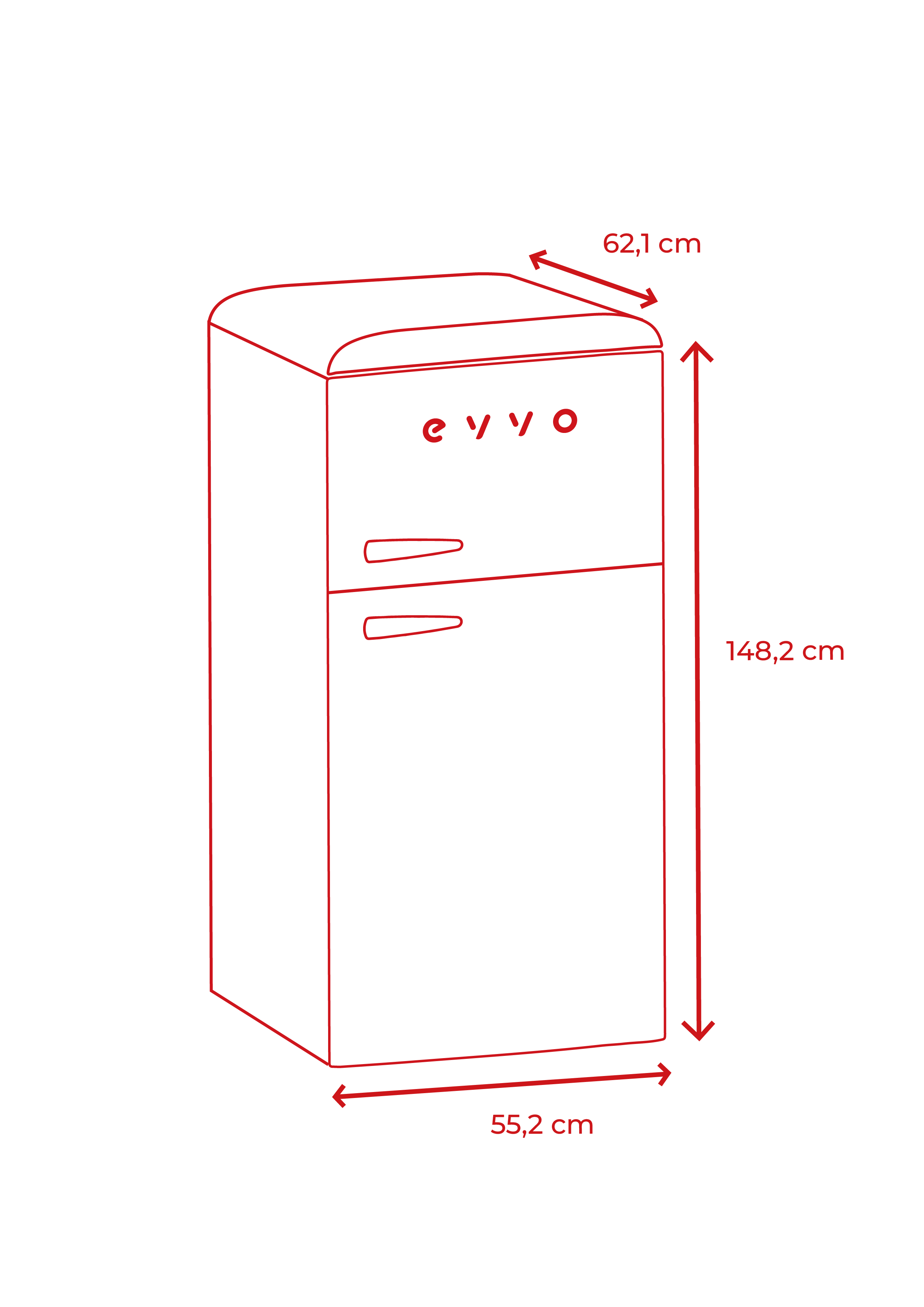 Dibujo lineal de un refrigerador retro con dimensiones. Fondo negro.