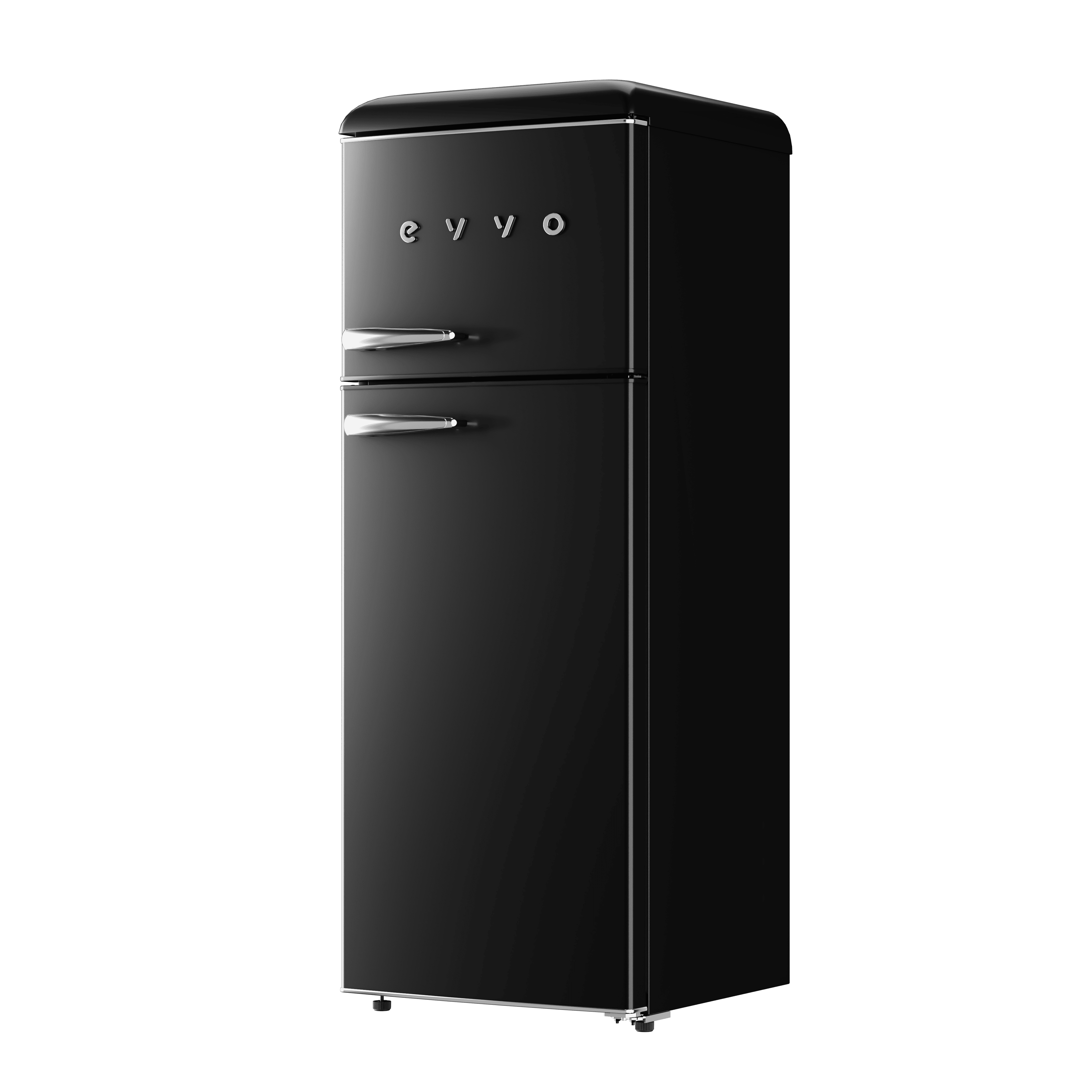 Un refrigerador retro negro con manijas plateadas sobre una superficie negra.