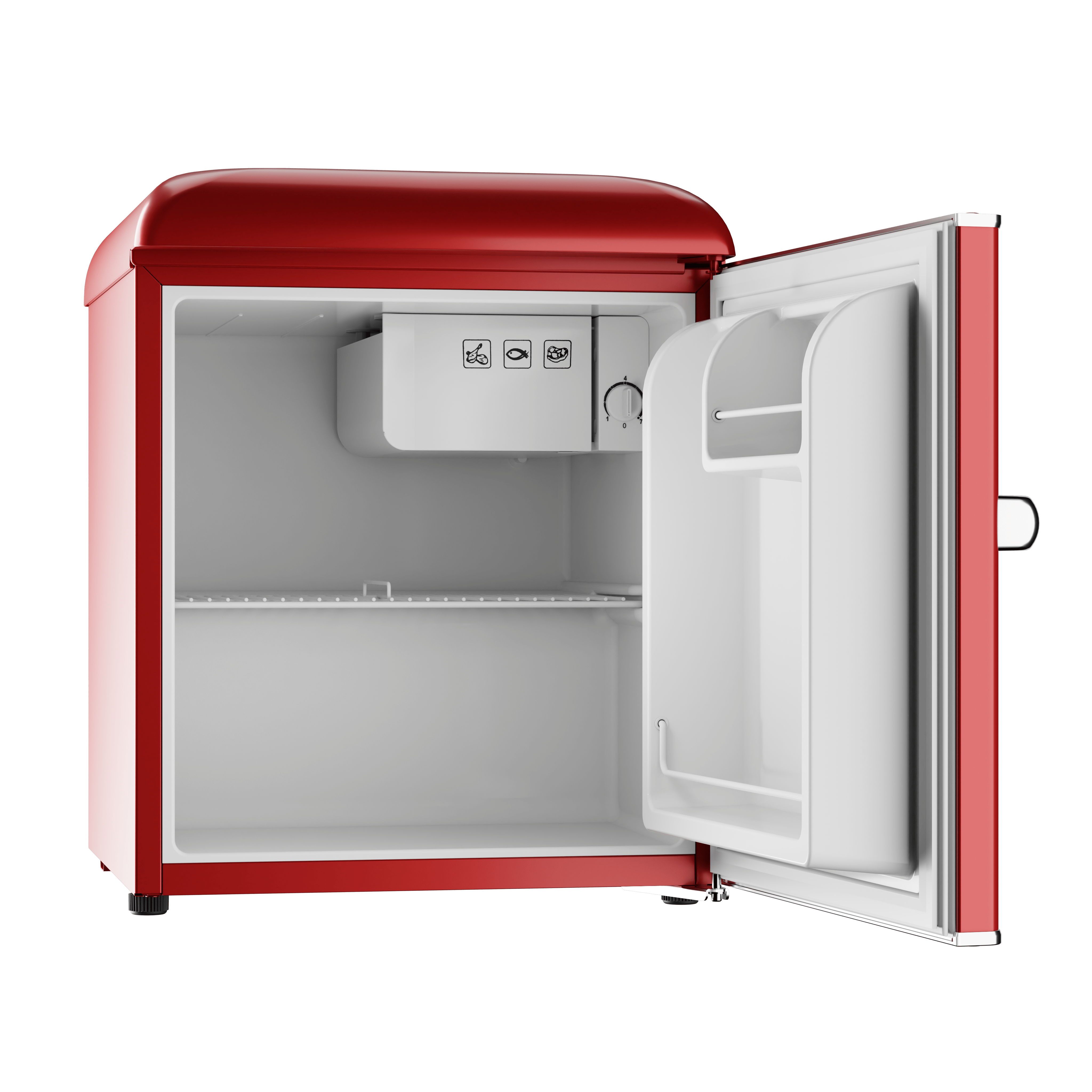 Refrigerador retro rojo con la puerta abierta. El interior revela un interior blanco con estantes.