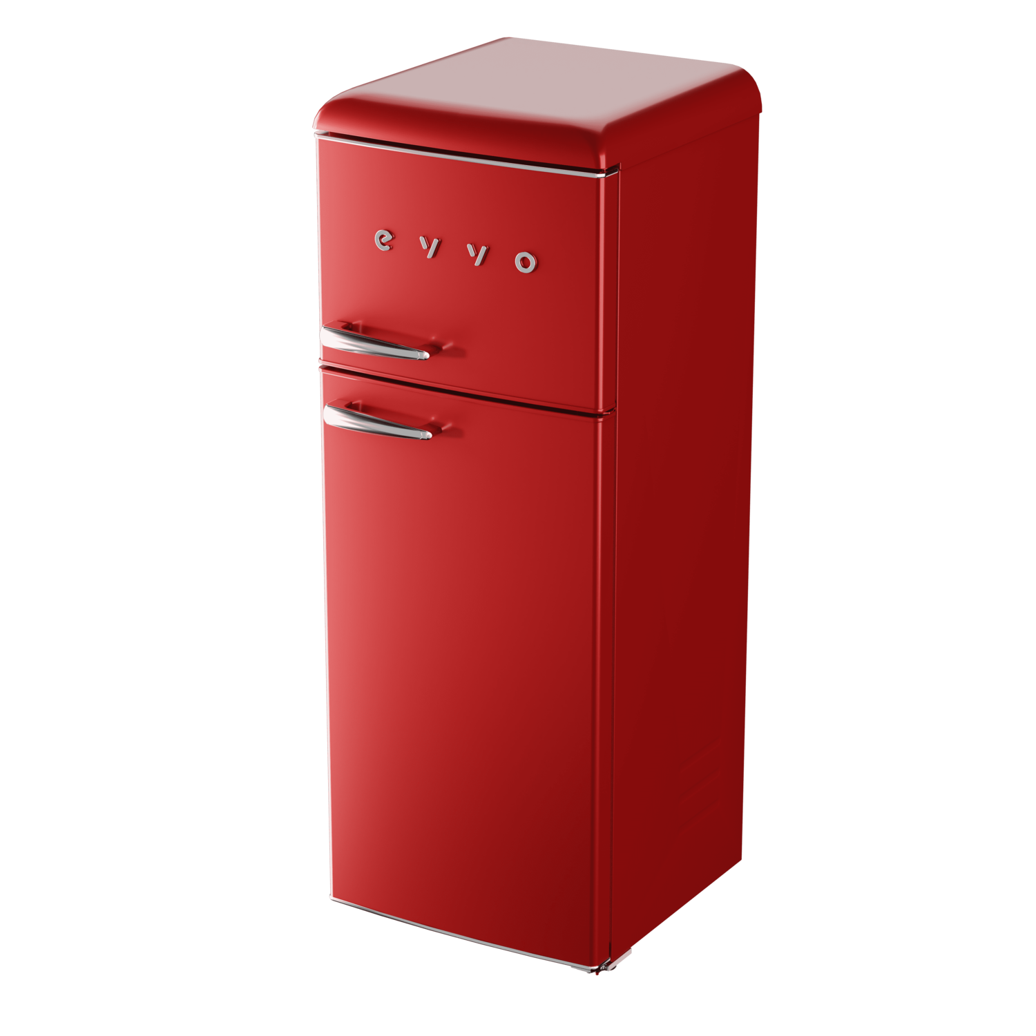 Un frigorifero rosso in stile retrò con maniglie argentate e il marchio 'evvo' sulla parte superiore.