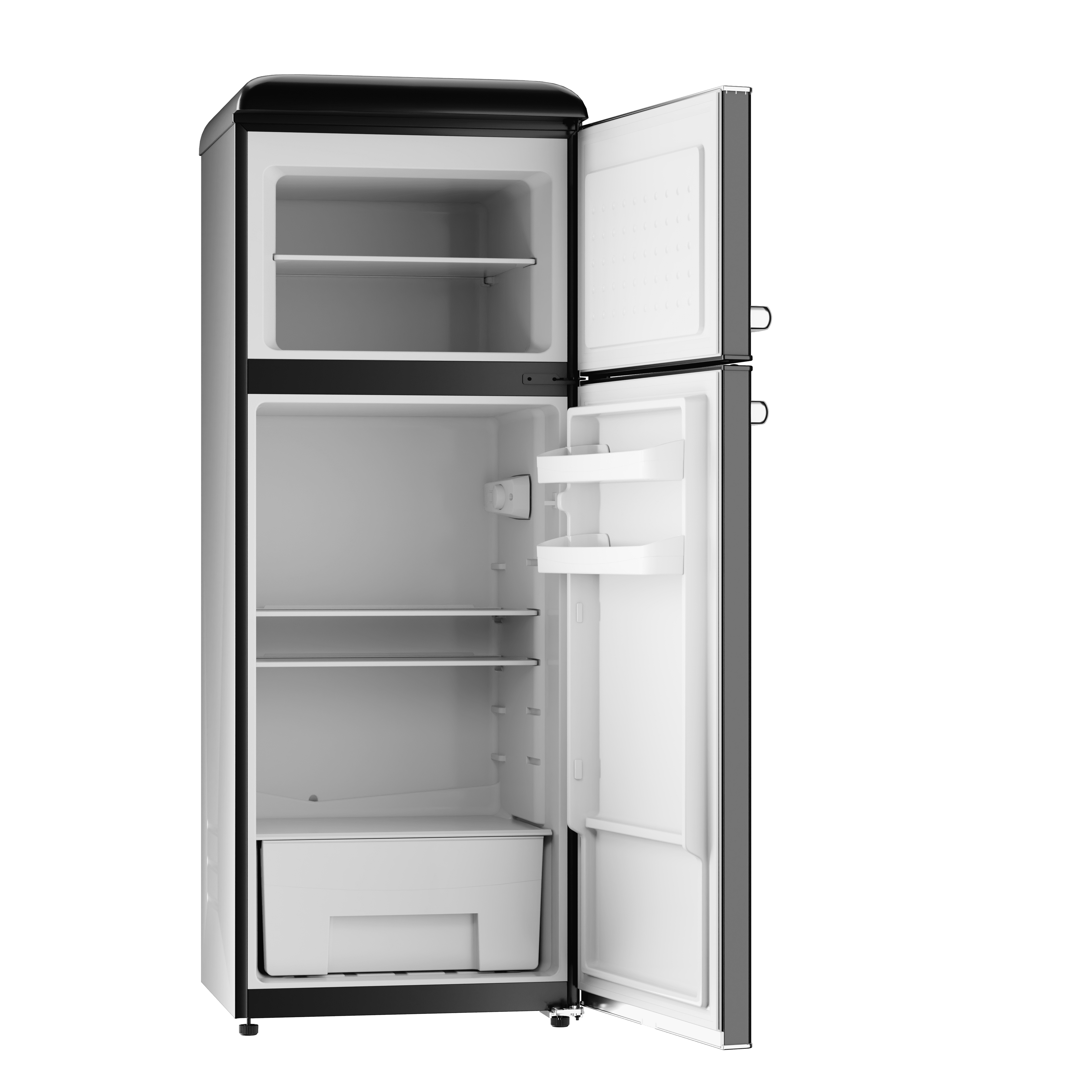 Refrigerador negro y plateado, abierto con estantes y cajón. Fondo blanco.