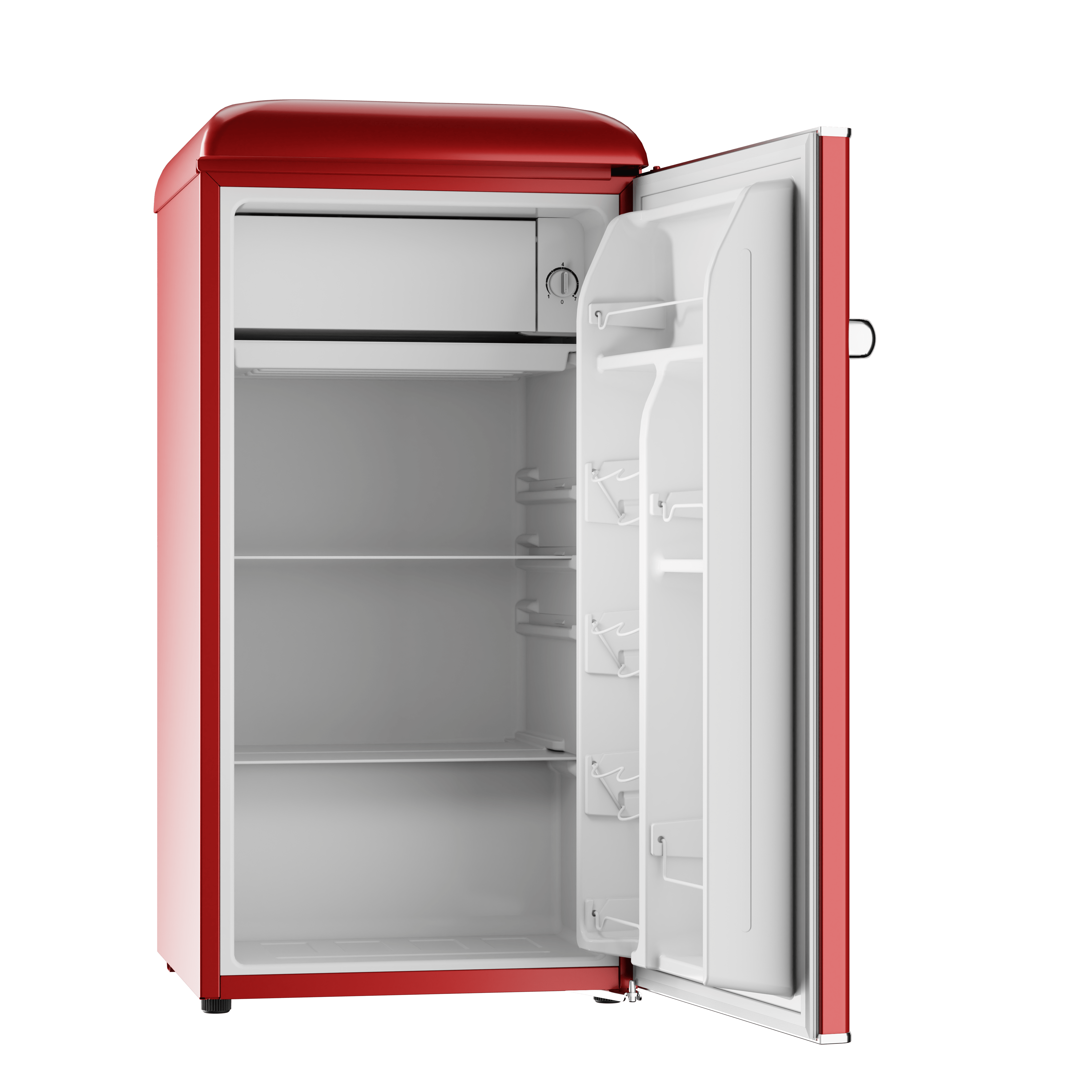 Un mini-refrigerador rojo con la puerta abierta, mostrando estantes.