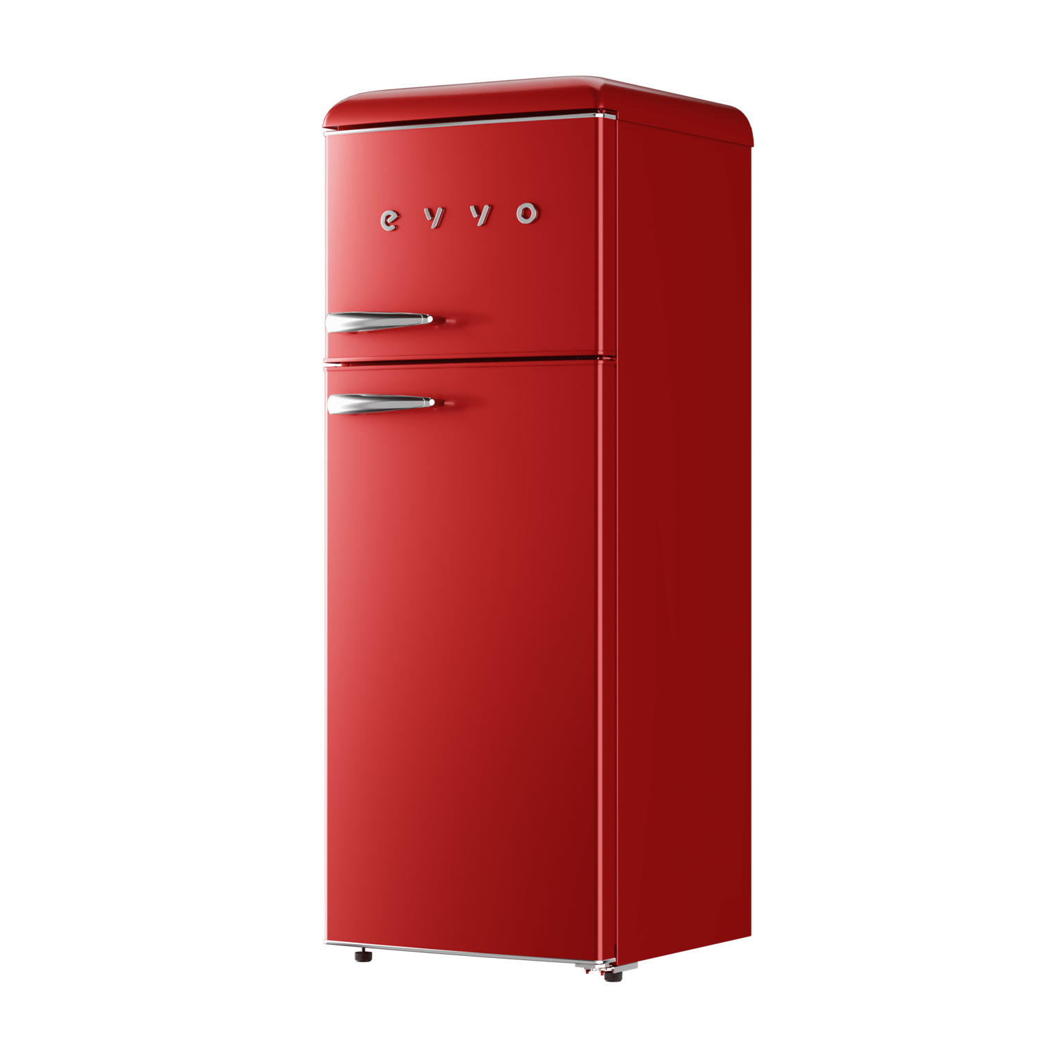Frigorifero retrò rosso con maniglie argentate, sfondo nero. Logo Evvo in alto.
