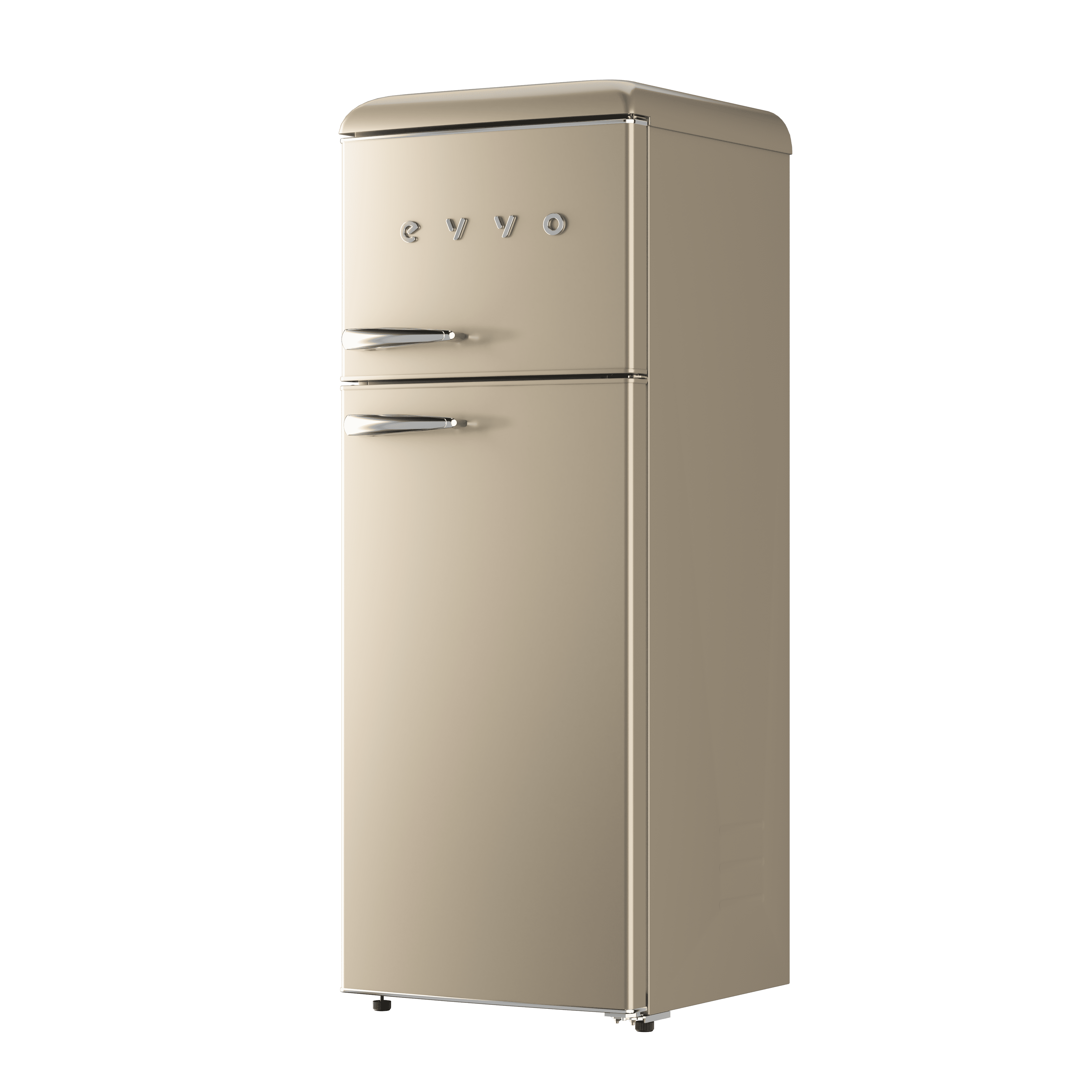 Un refrigerador retro beige con dos puertas y manijas cromadas, sobre un fondo negro.