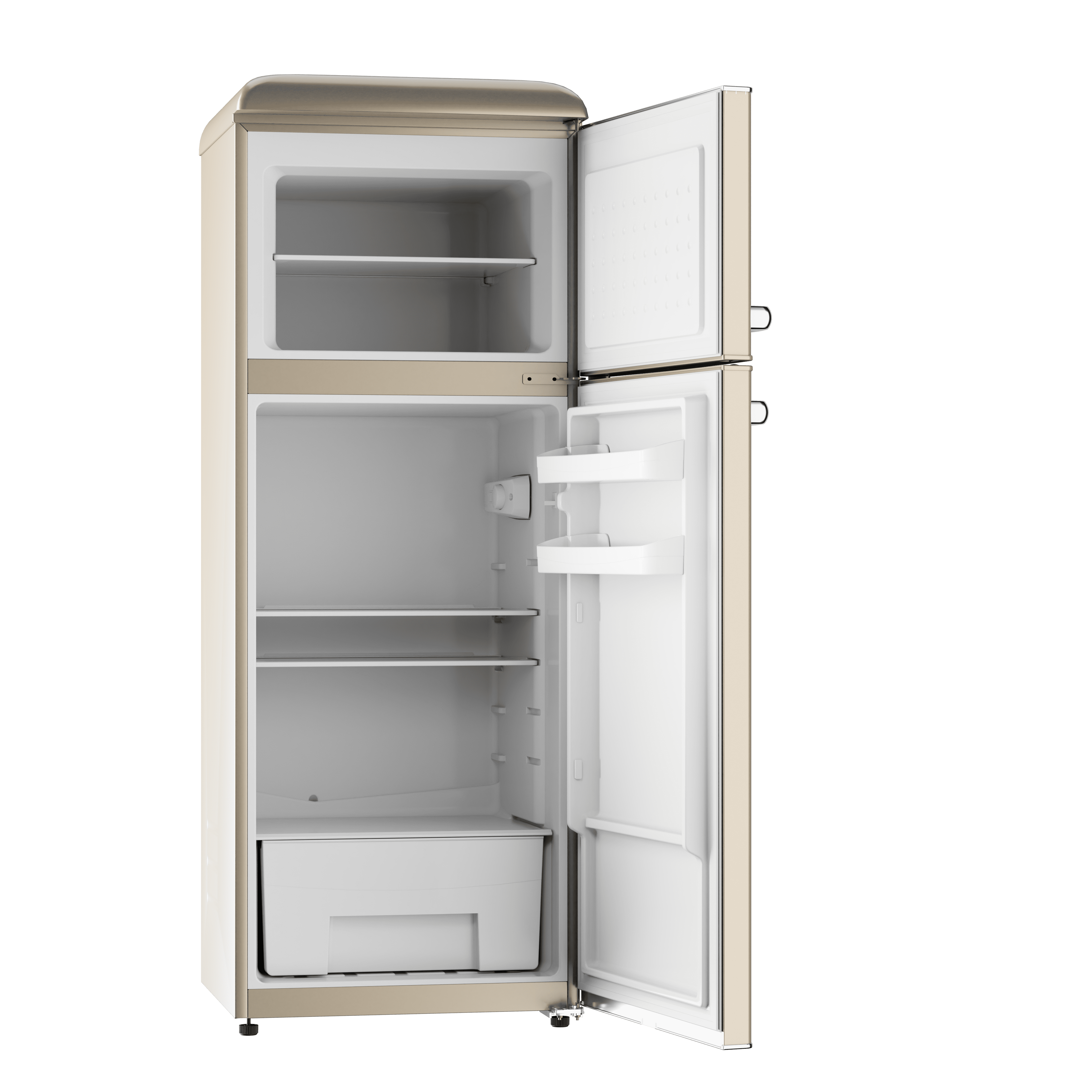 Refrigerador beige con puerta abierta, mostrando estantes y cajón.