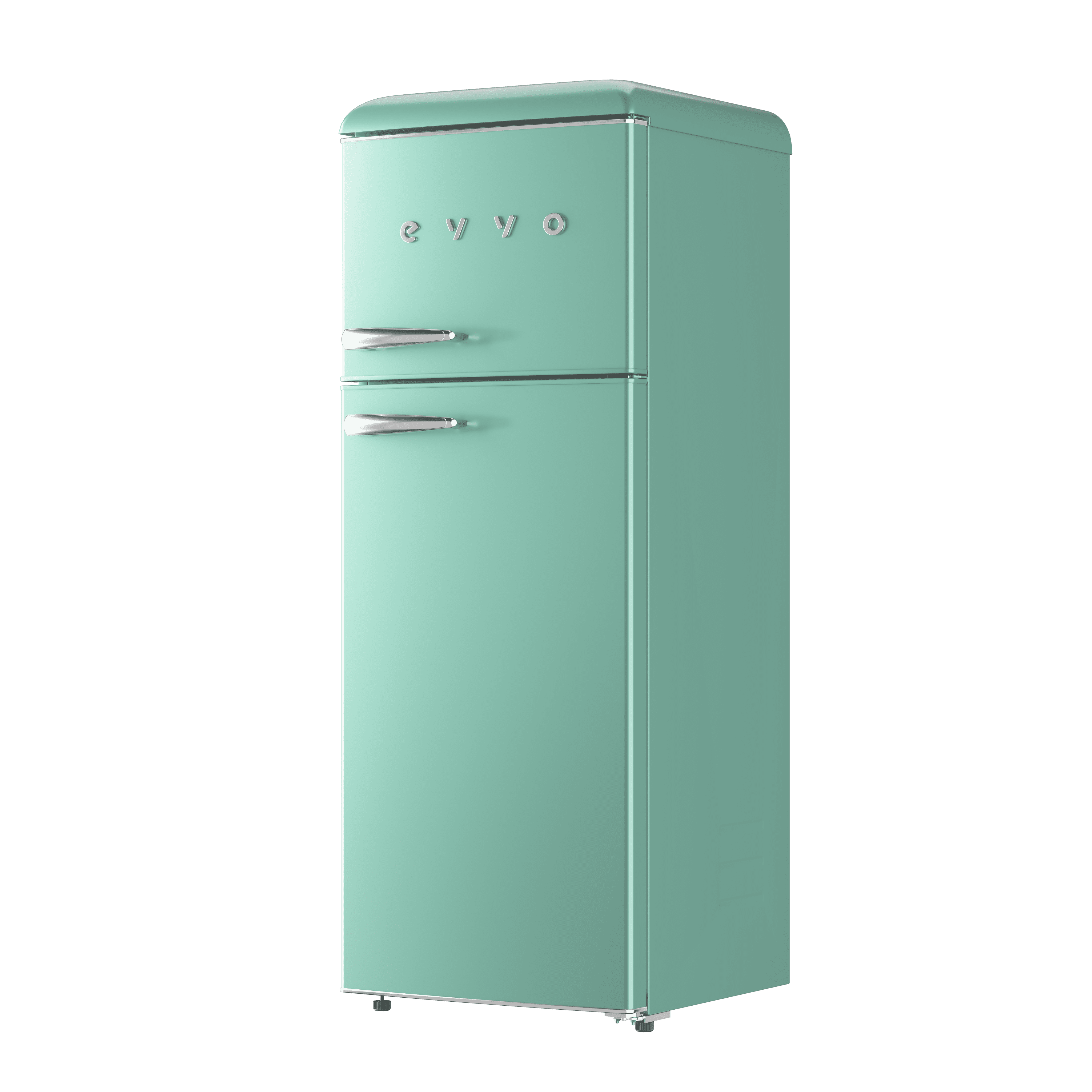Un refrigerador verde menta de estilo retro con manijas plateadas y la marca 'evvo' en la parte superior.