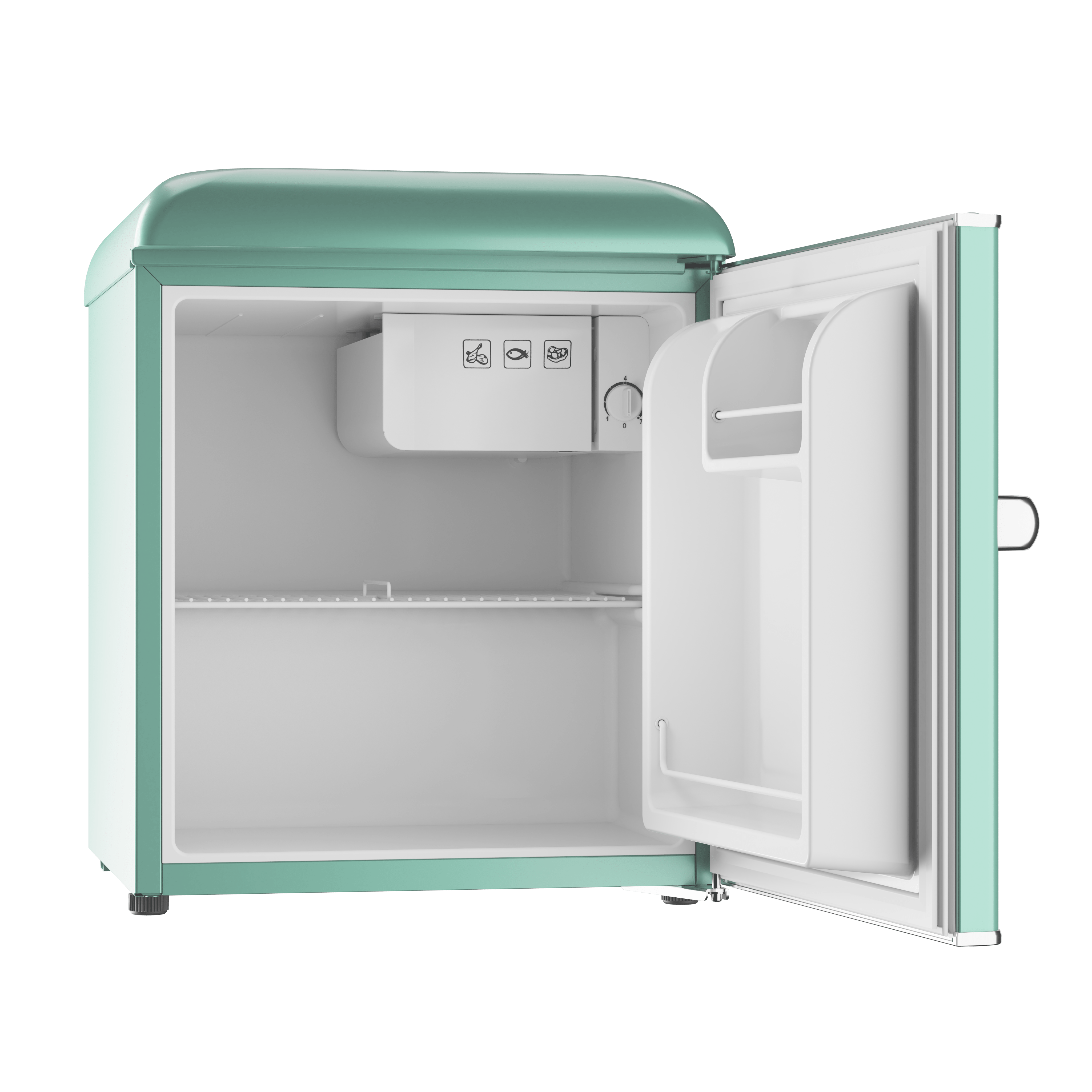 Mini nevera verde menta con la puerta abierta. El interior es blanco con un pequeño compartimento congelador.