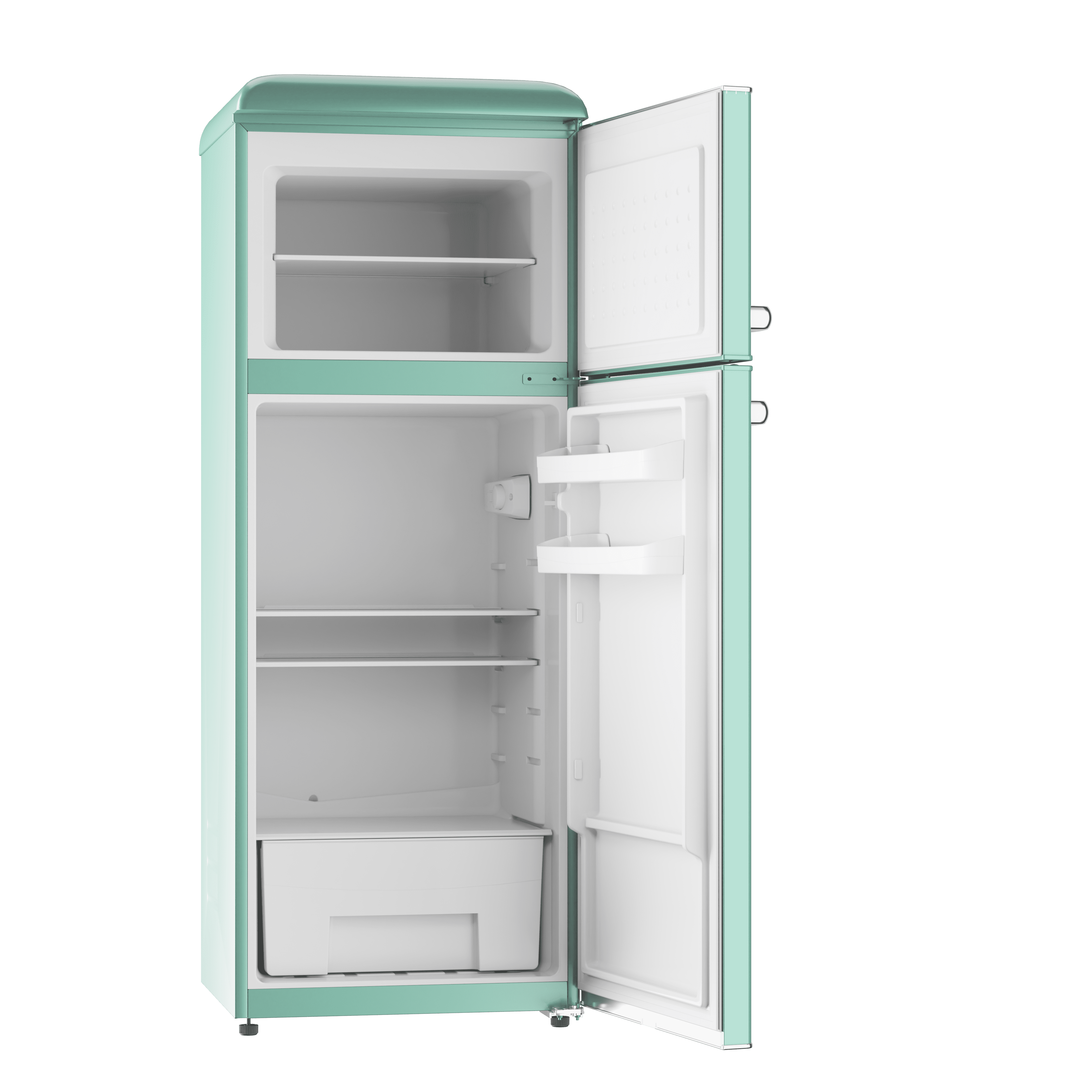 Un frigorífico de estilo retro, de color verde azulado, con las puertas abiertas, revelando estantes, cajones e interior.