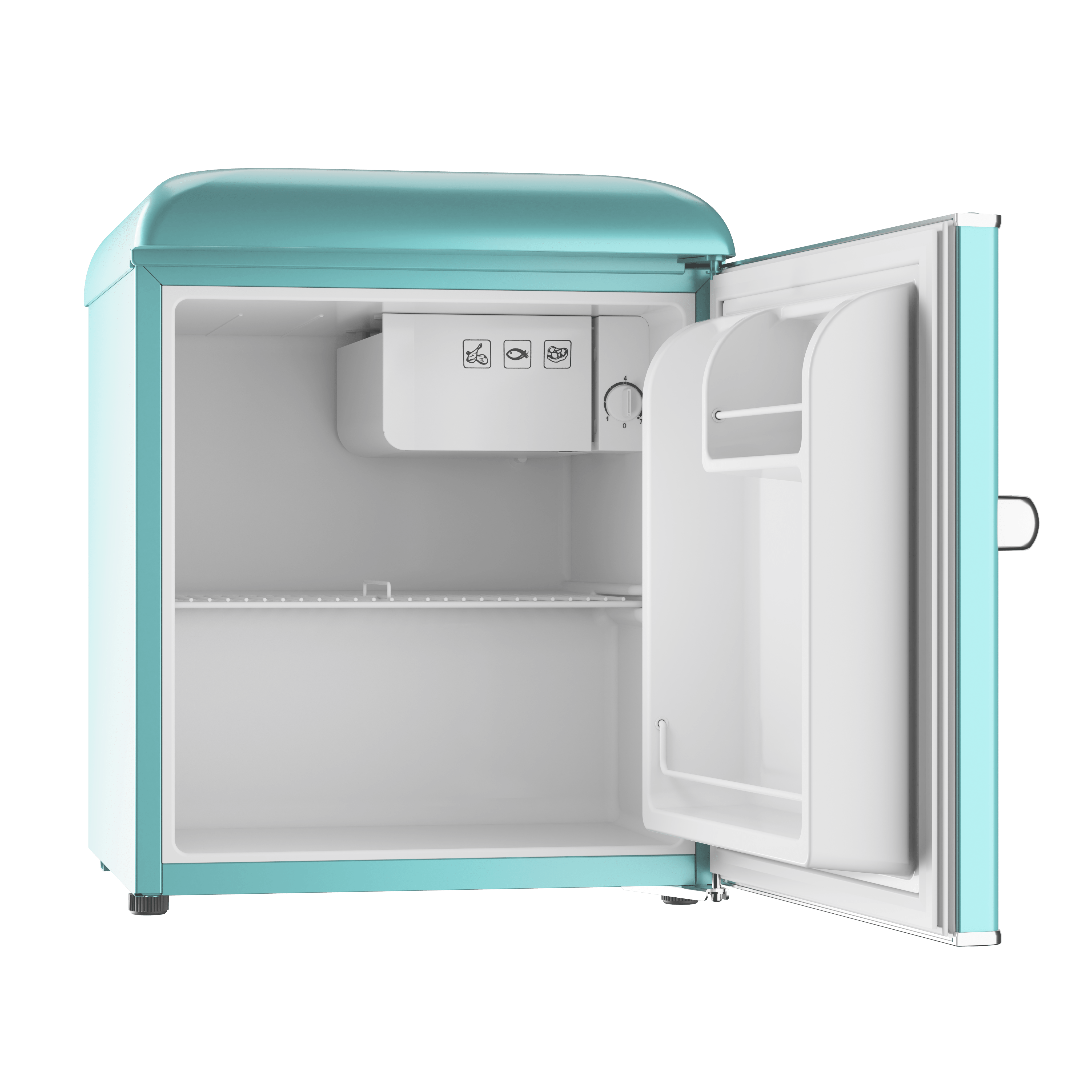 Mini-nevera turquesa abierta con interior blanco y almacenamiento de alimentos.