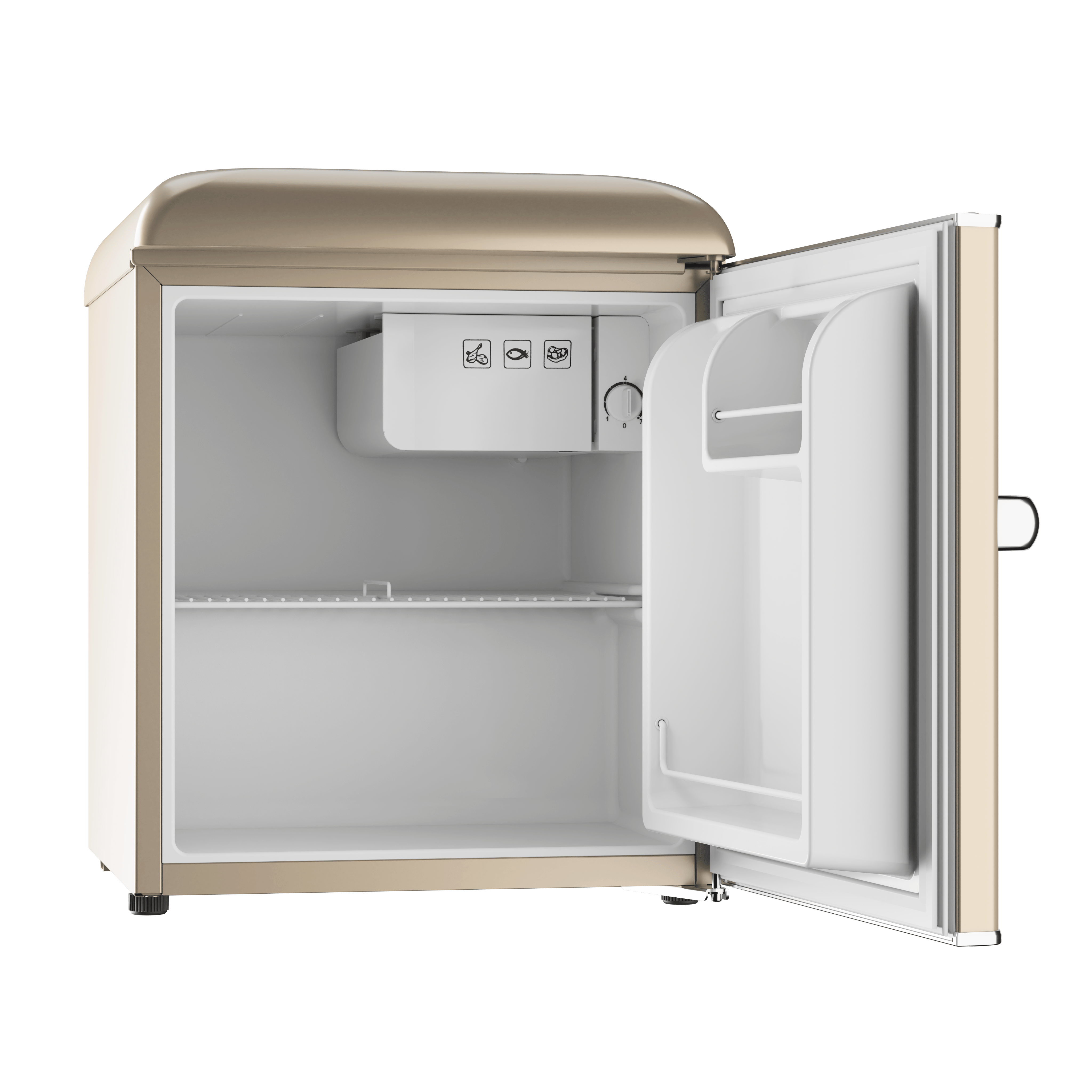 Pequeño refrigerador beige con la puerta abierta. Interior con estantes, congelador pequeño y dial.