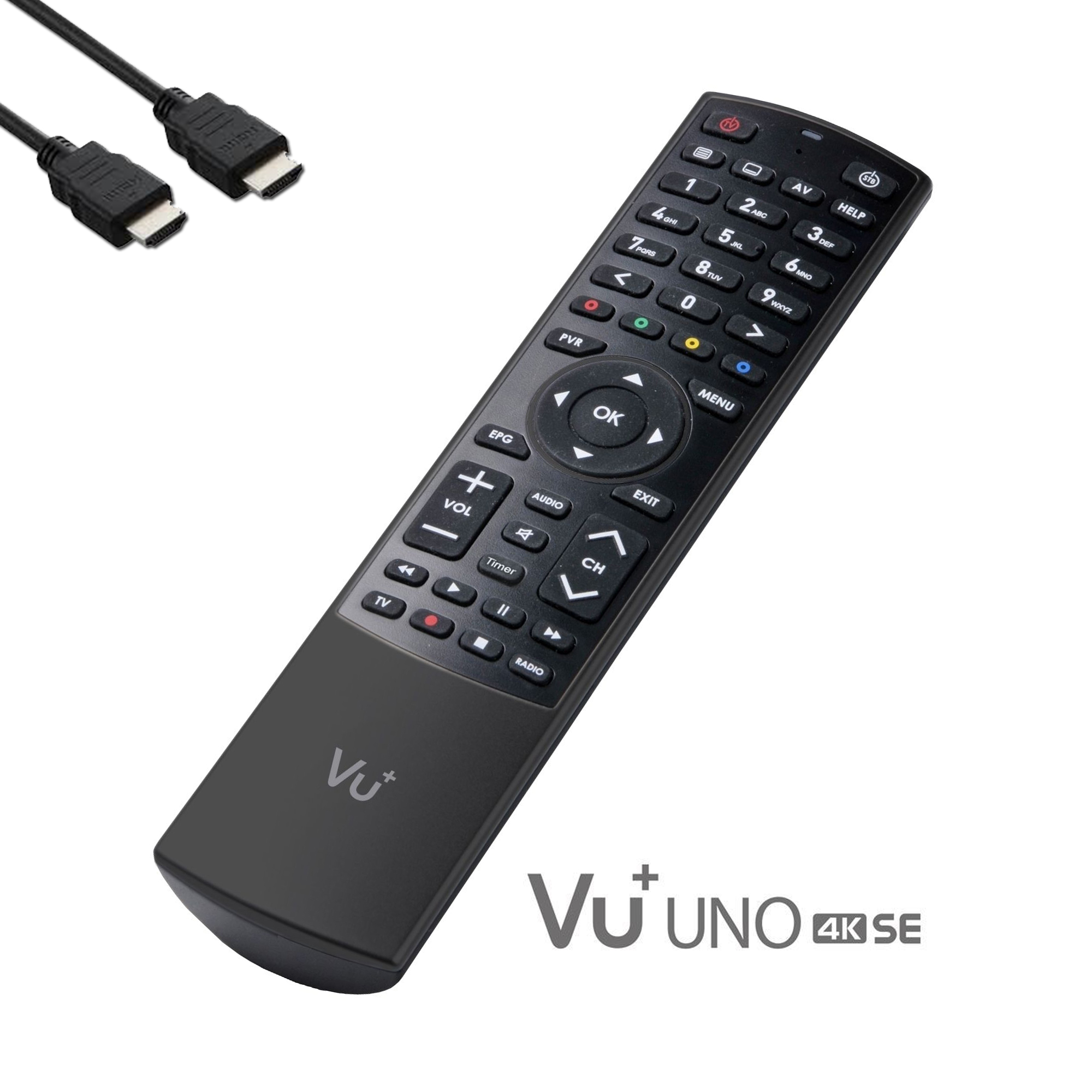 Eine schwarze Fernbedienung mit HDMI-Kabeln. Sie hat Knöpfe und das Vu+ UNO 4K SE Logo.