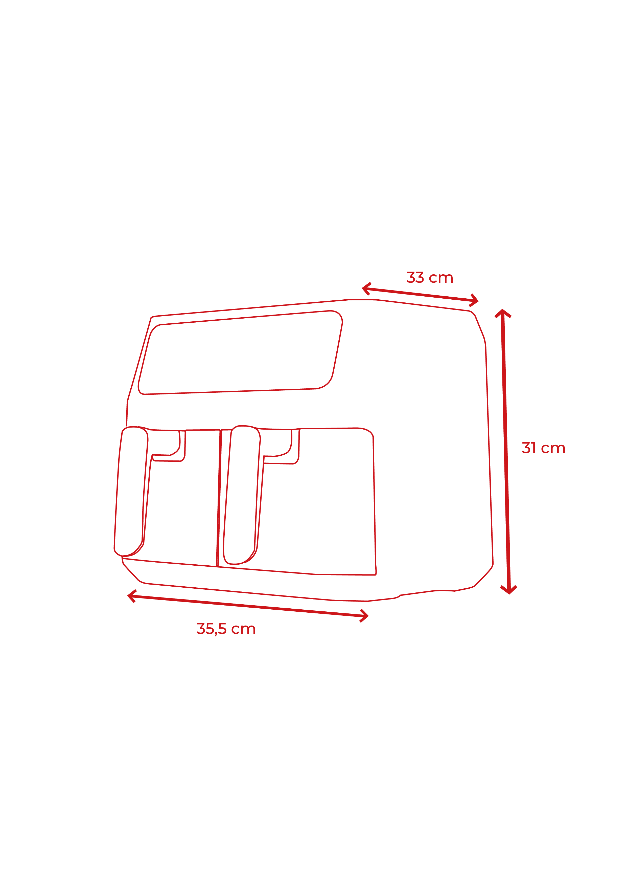 Contorno della friggitrice ad aria, con dimensioni: 33 cm larghezza, 31 cm altezza, 35,5 cm profondità.