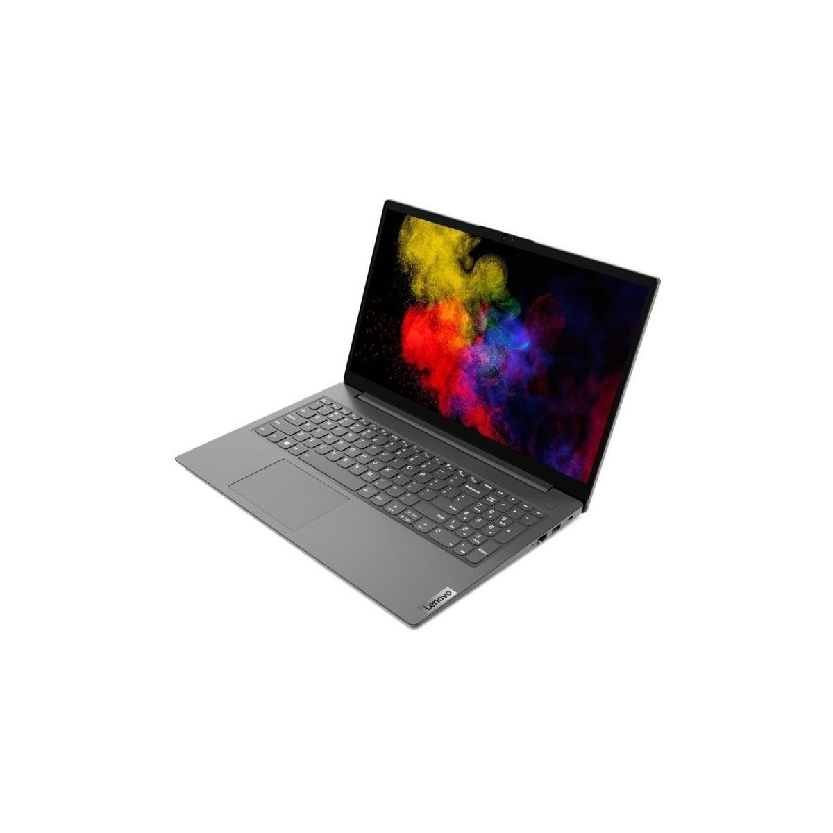 Grauer Lenovo-Laptop, geöffnet, auf weißem Hintergrund, mit farbenfrohem, abstraktem Hintergrund.