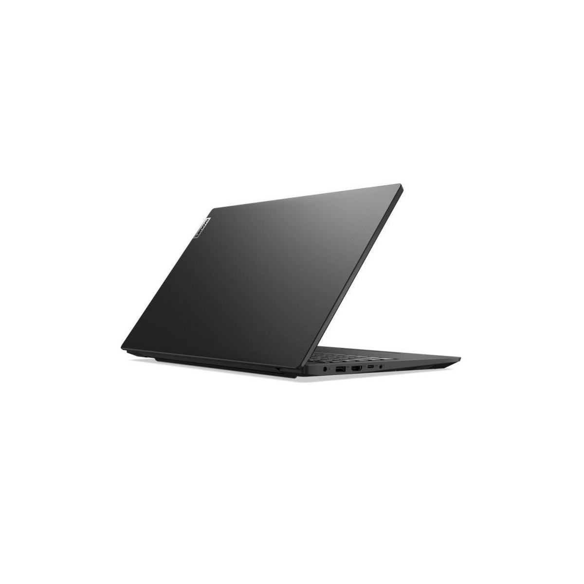 Ein schwarzer Laptop, leicht geöffnet, von der Seite vor weißem Hintergrund gesehen. Lenovo-Logo auf dem Deckel.