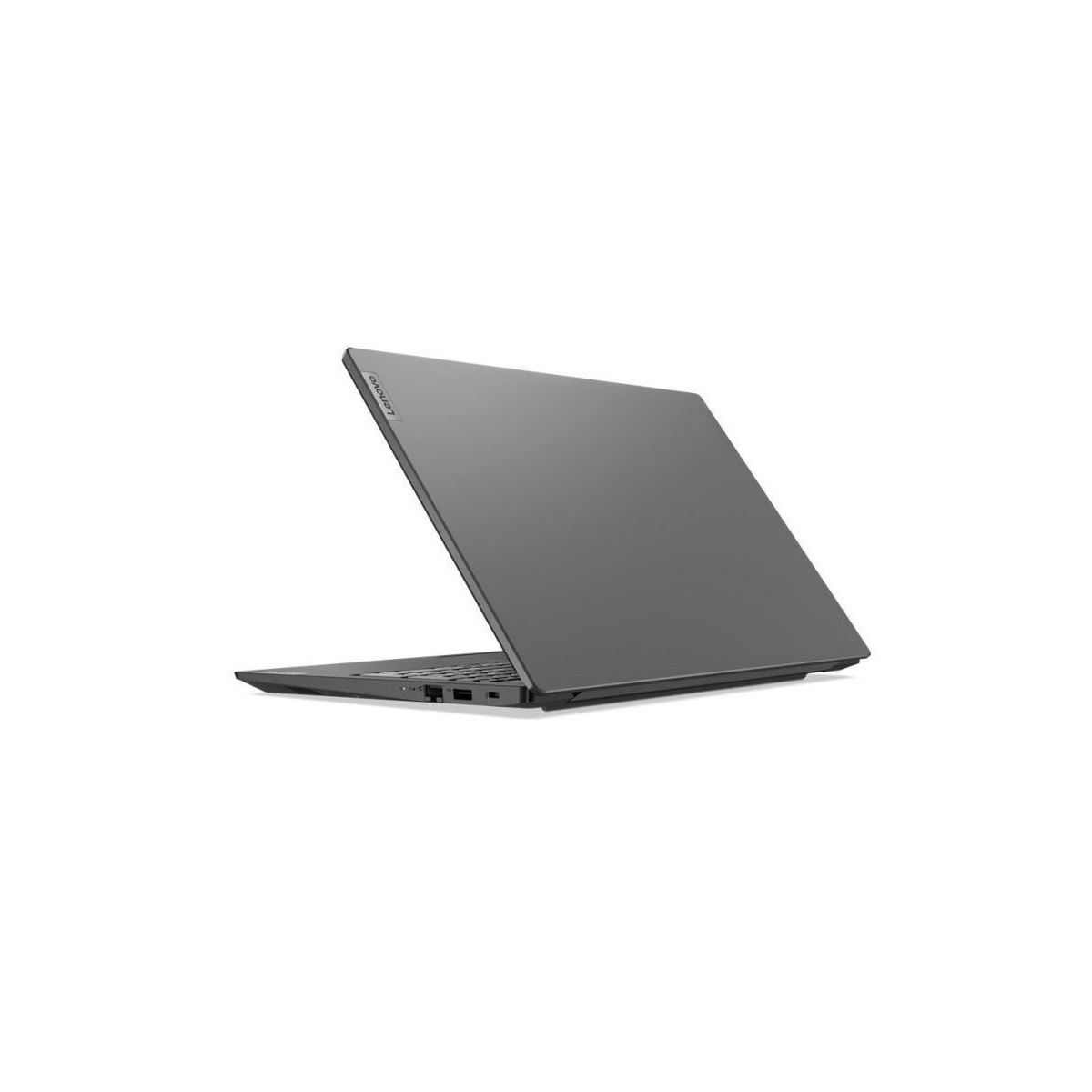 Ein dunkelgrauer Lenovo-Laptop, von hinten gesehen, leicht geöffnet, auf weißem Untergrund.