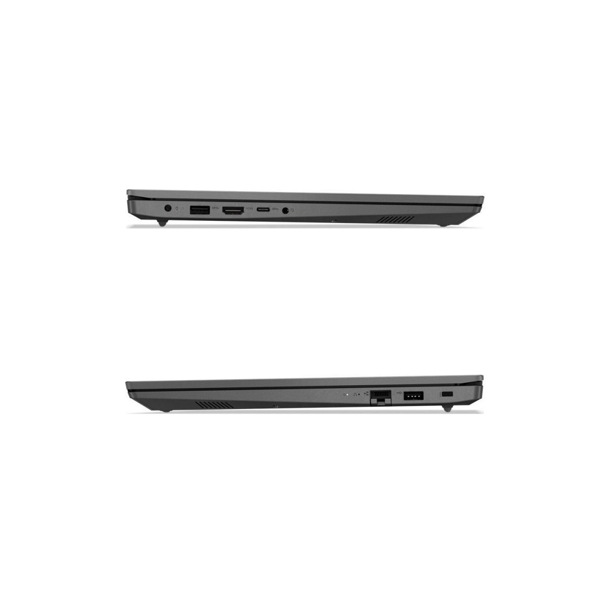 Zwei Seitenansichten eines dunkelgrauen Laptops mit sichtbaren Anschlüssen und Lüftungsschlitzen.